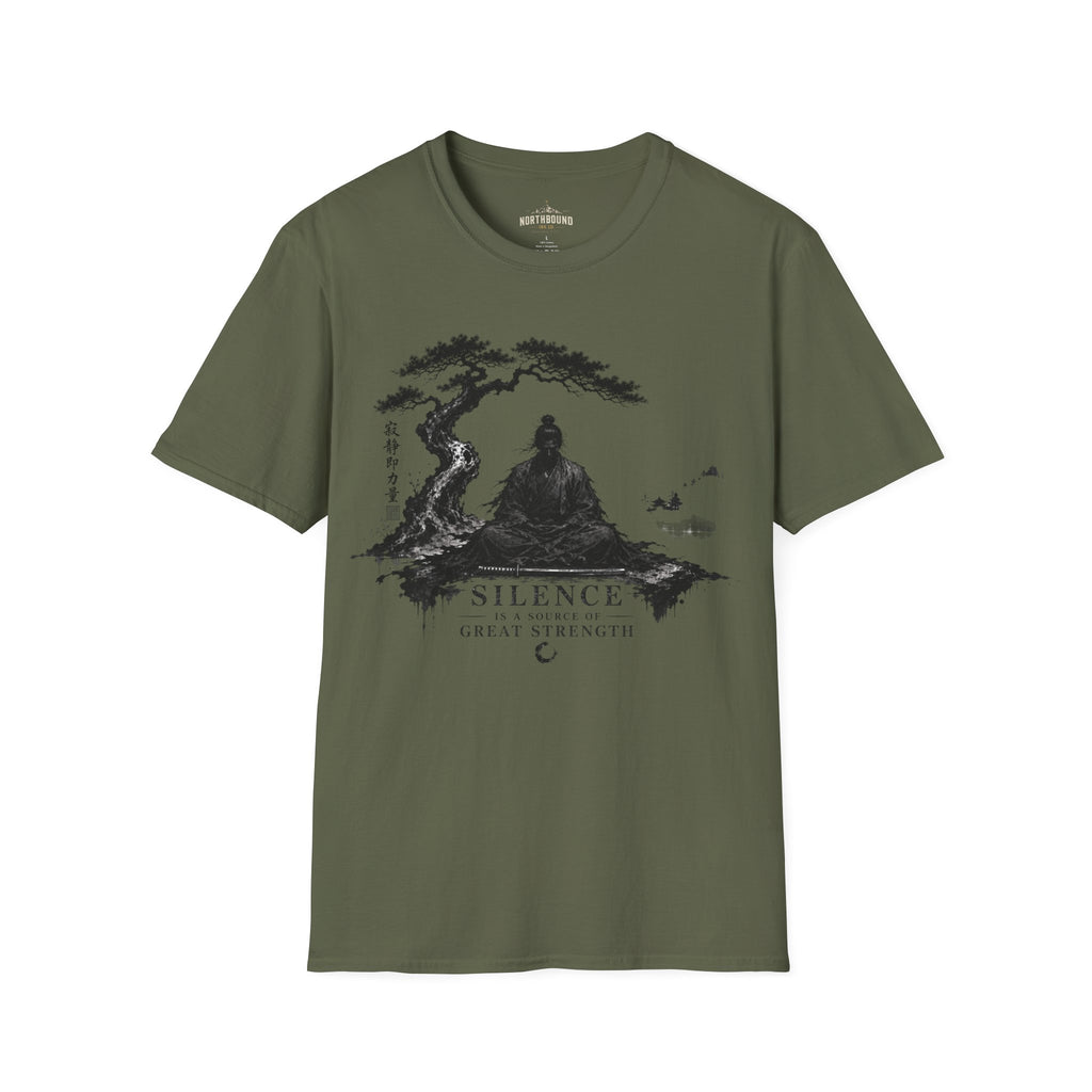Meditation Zen T-Shirt — 'Silence Is Great Strength' Minimal Bonsai Buddha Tee