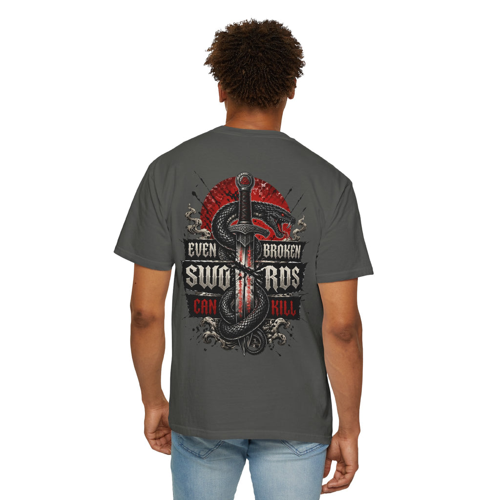 Graphic T-Shirt — "Even Broken Swords Can Kill" Snake & Dagger Back Print
