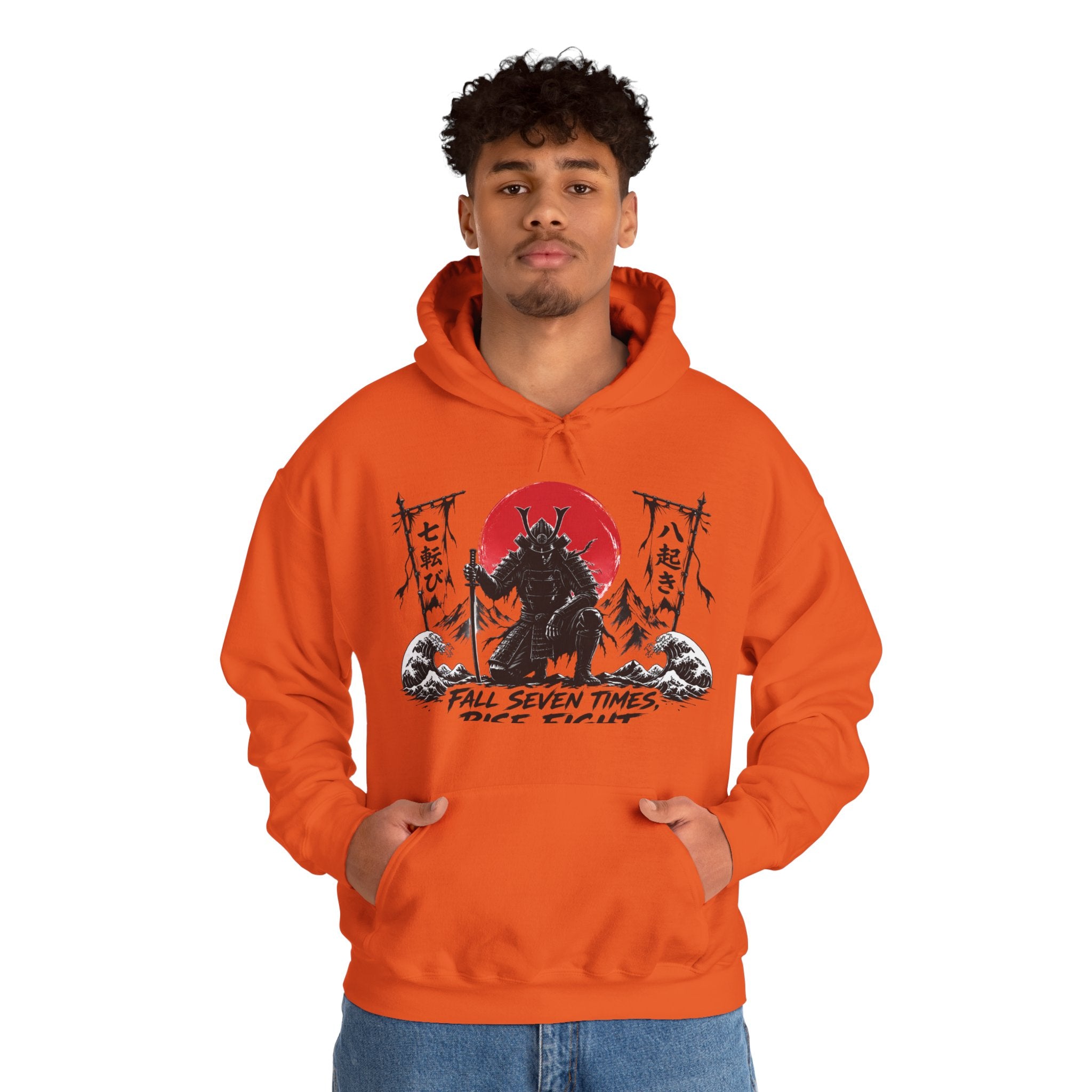Hoodie — Samurai Wolf Graphic "Fall Seven Times, Rise Eight" Japanese Sunrise