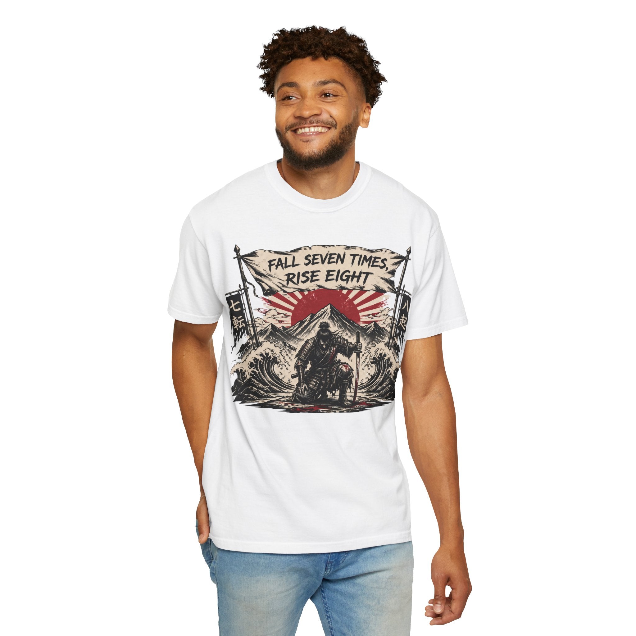 T-Shirt — "Fall Seven Times, Rise Eight" Samurai Graphic Tee