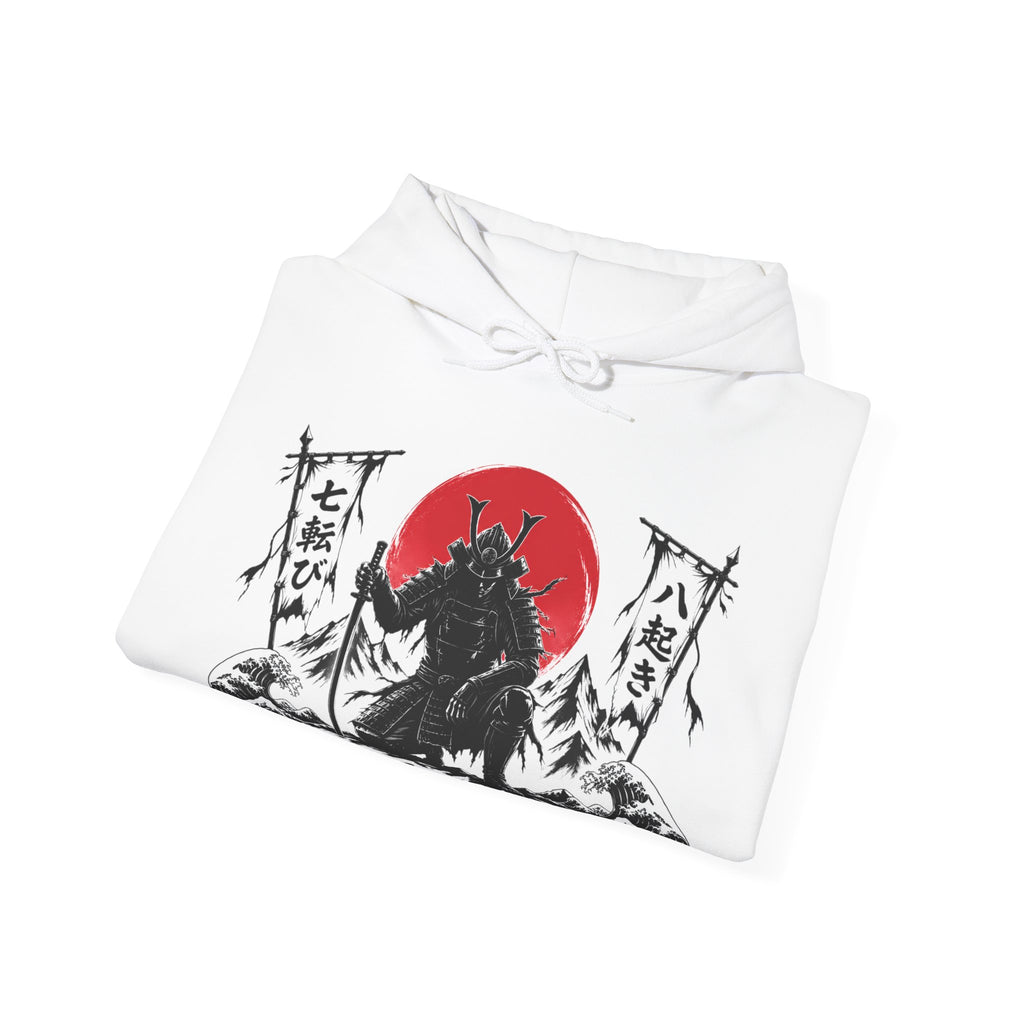 Hoodie — Samurai Wolf Graphic "Fall Seven Times, Rise Eight" Japanese Sunrise