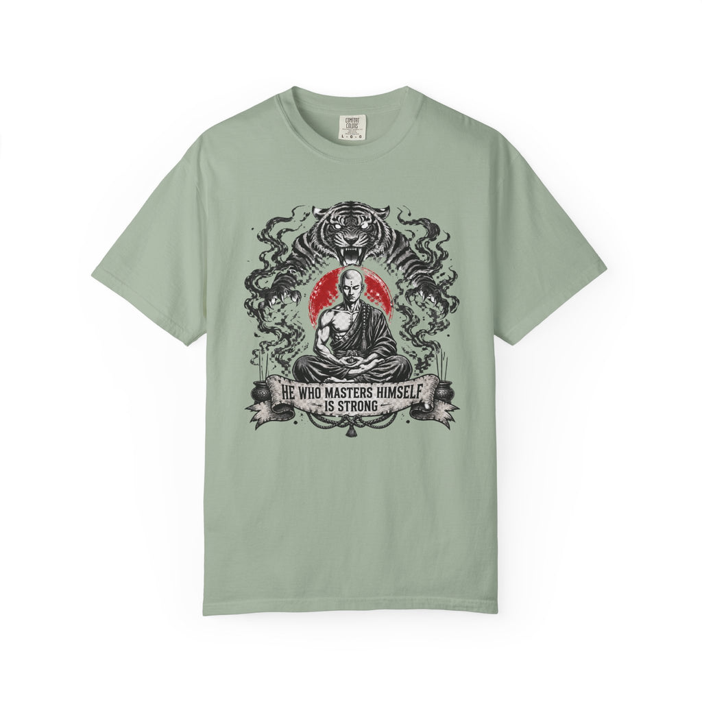 Meditation Tiger T-Shirt — "He Who Masters Himself is Strong" Zen Graphic Tee