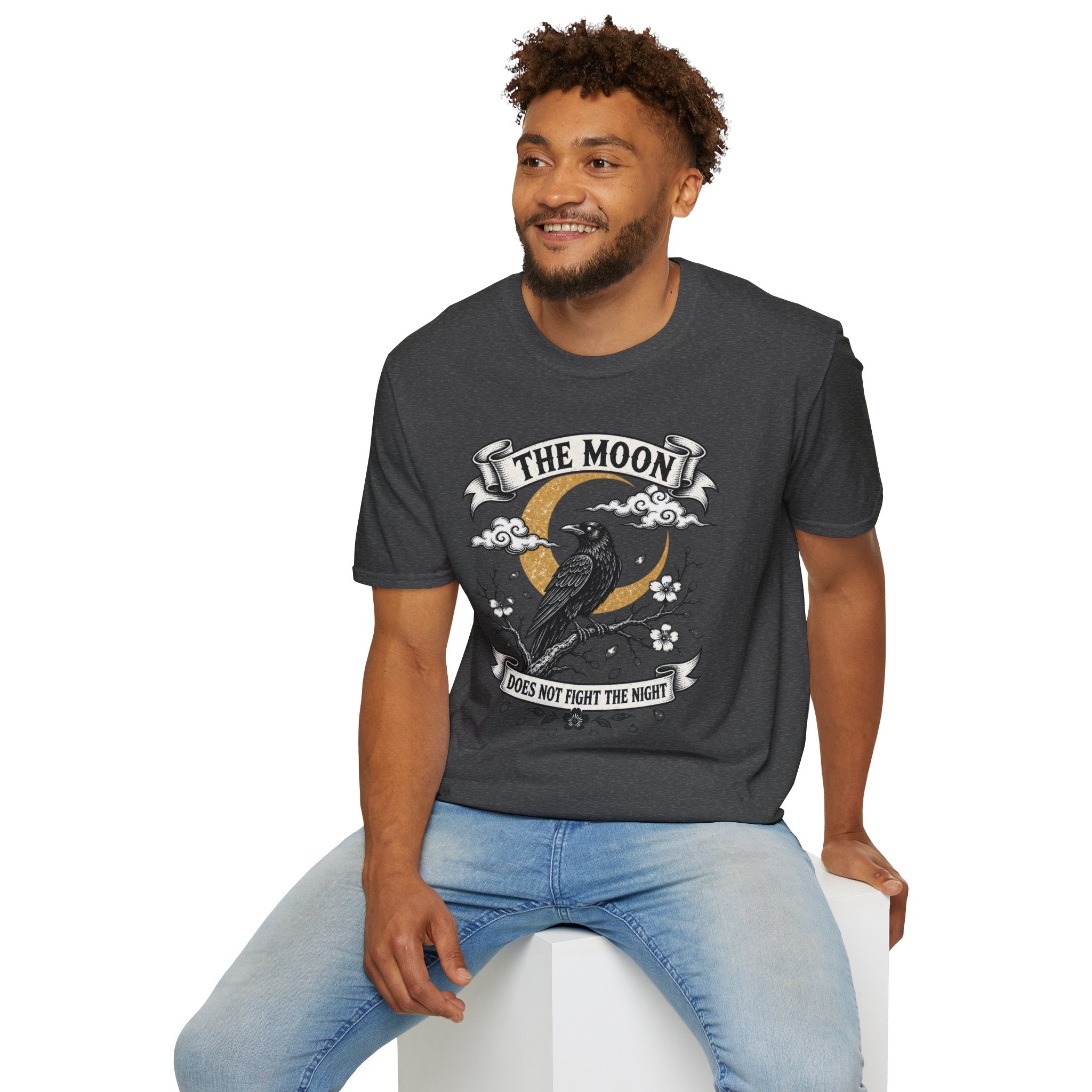 Moon & Raven T-Shirt — "The Moon Does Not Fight The Moon" Gothic Celestial Tee