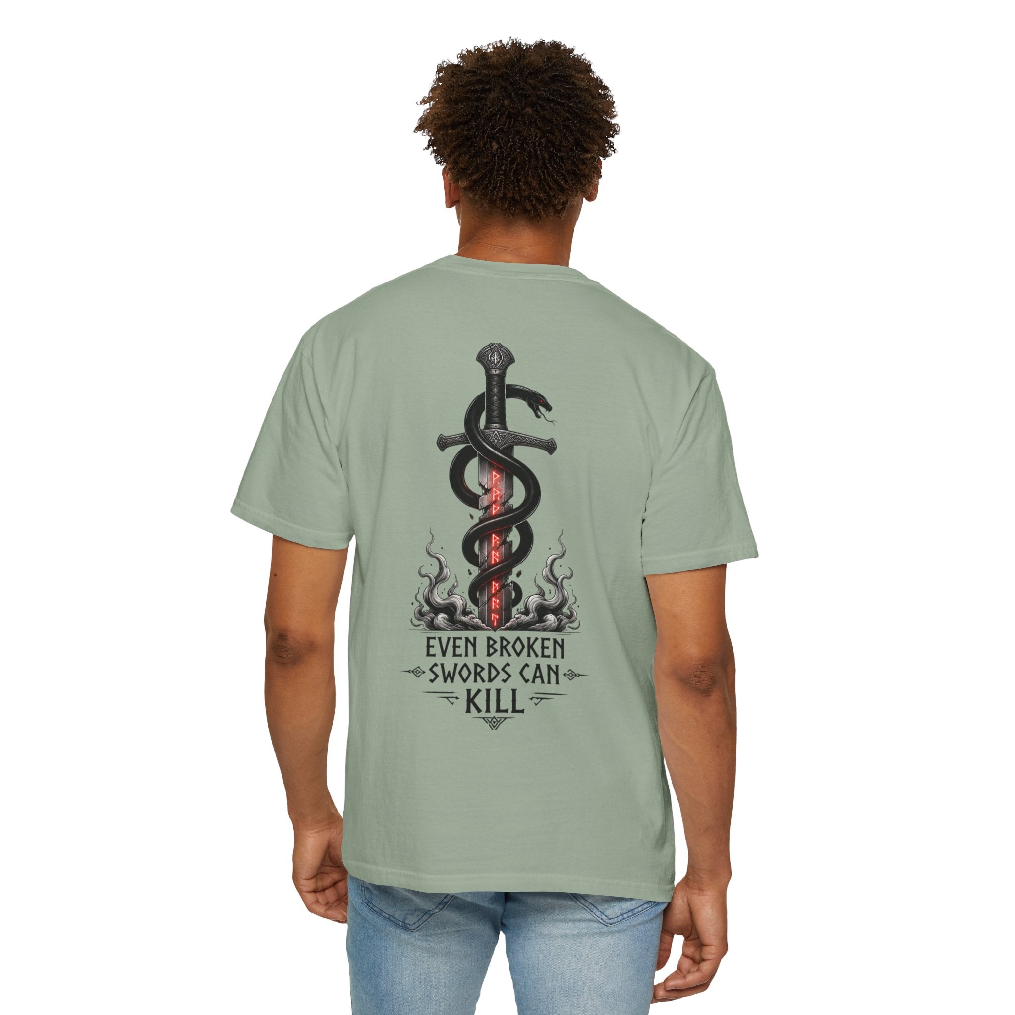 Graphic T-Shirt — 'Even Broken Swords Can Kill' Snake & Sword Back Print