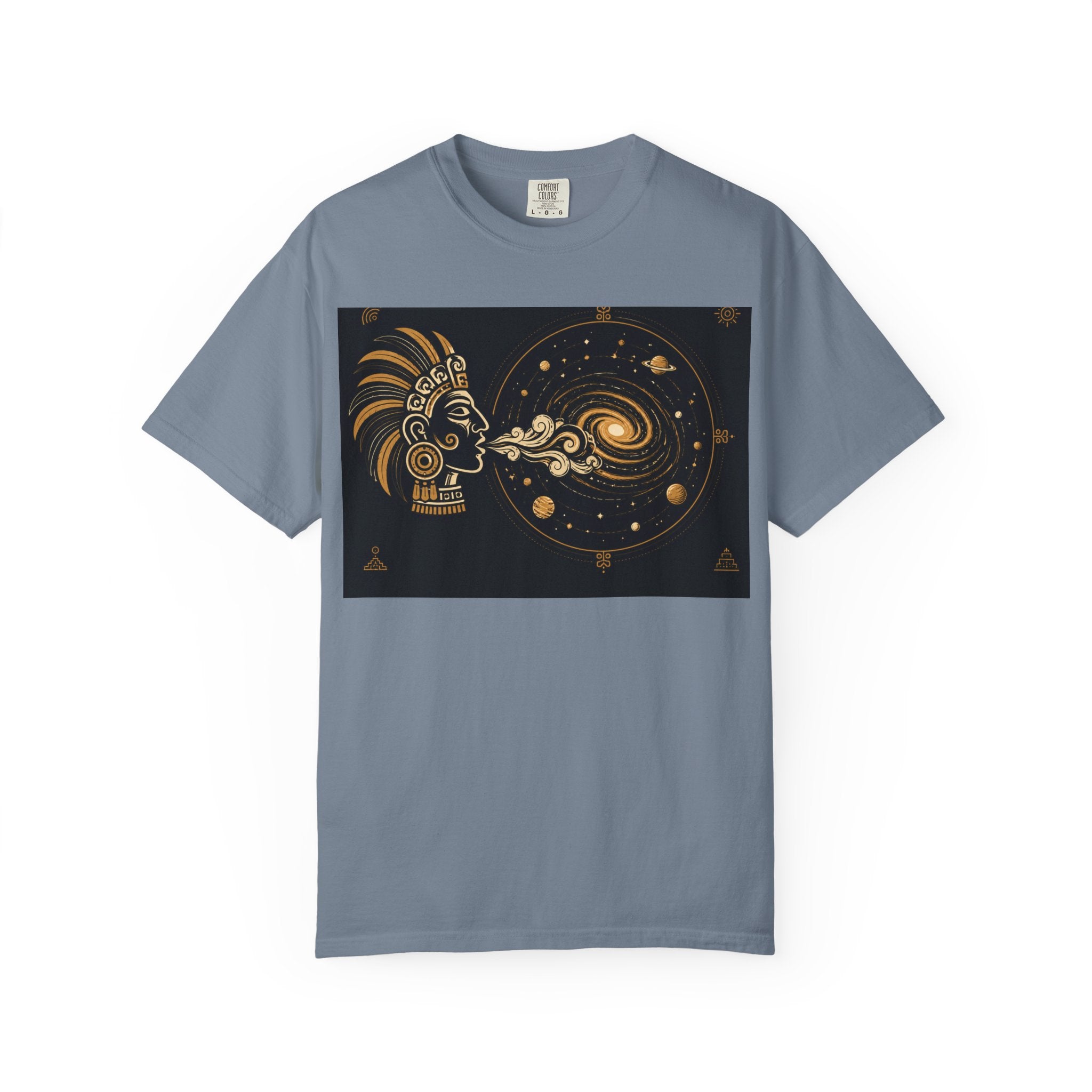 Cosmic Aztec Breath T-Shirt — Golden Galaxy Illustration