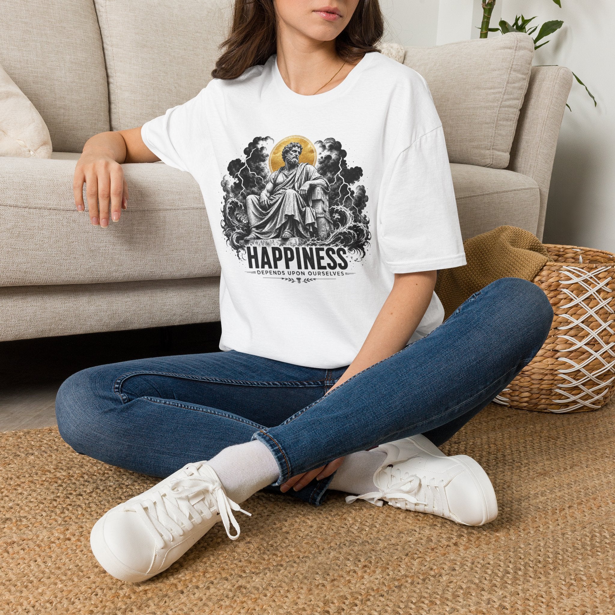 T-Shirt — 'HAPPINESS' Vintage Saint Illustration Tee (Gold Halo)