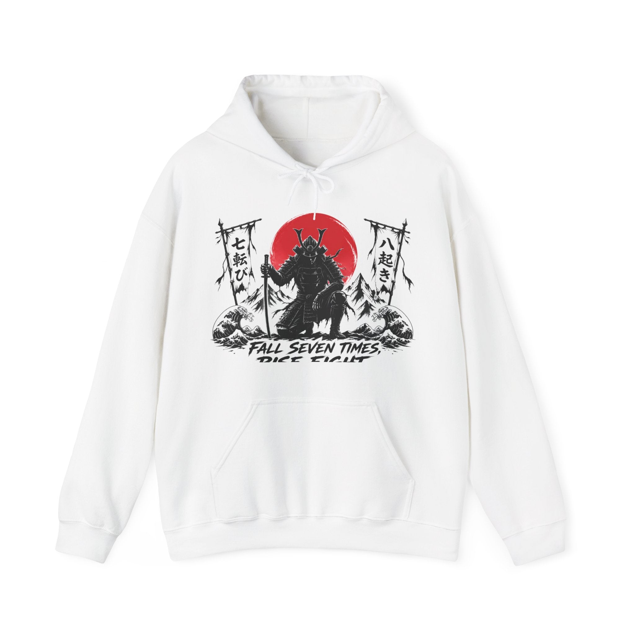 Hoodie — Samurai Wolf Graphic "Fall Seven Times, Rise Eight" Japanese Sunrise