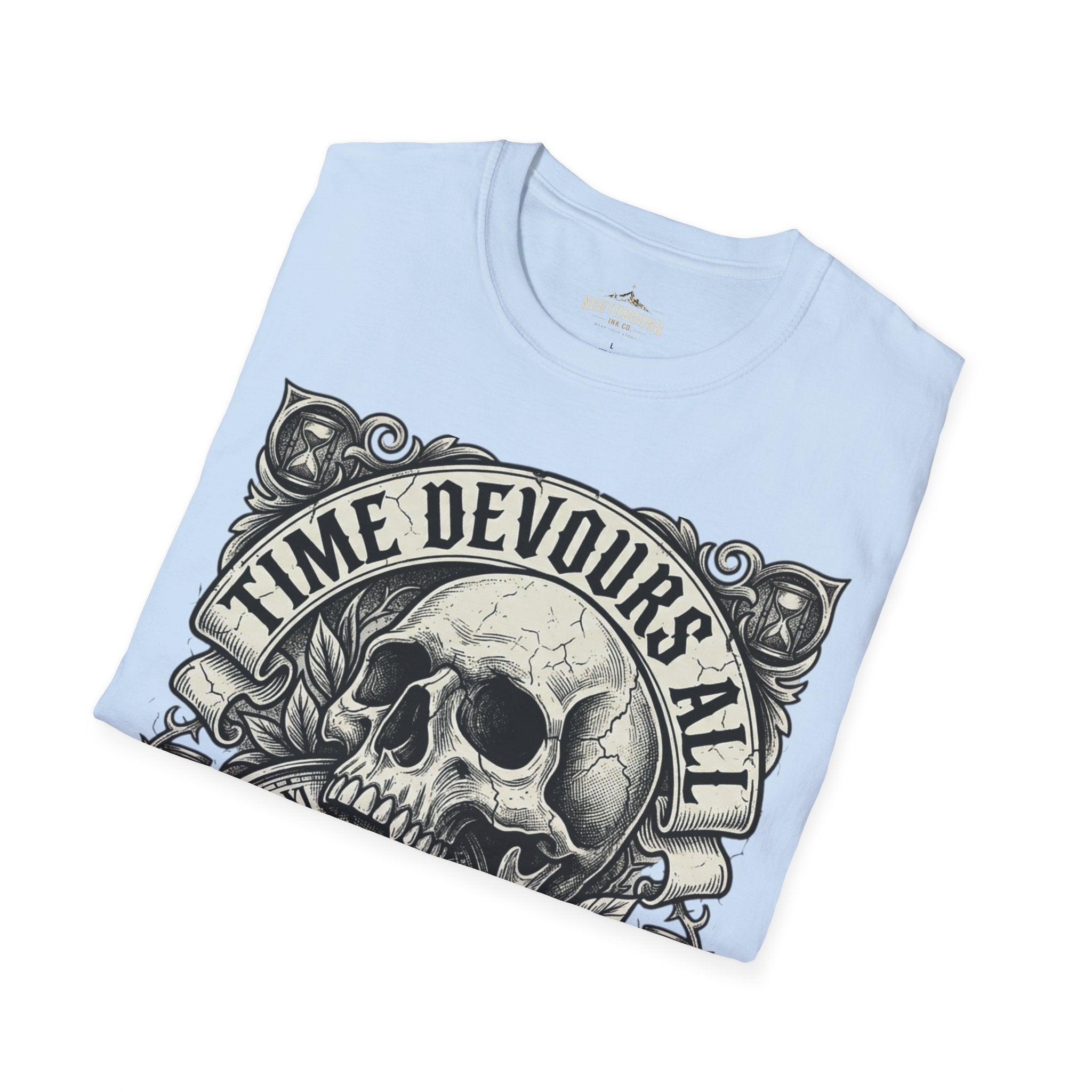 Time Devours All Skull T-Shirt – Vintage Gothic Skull & Pocket Watch Tee