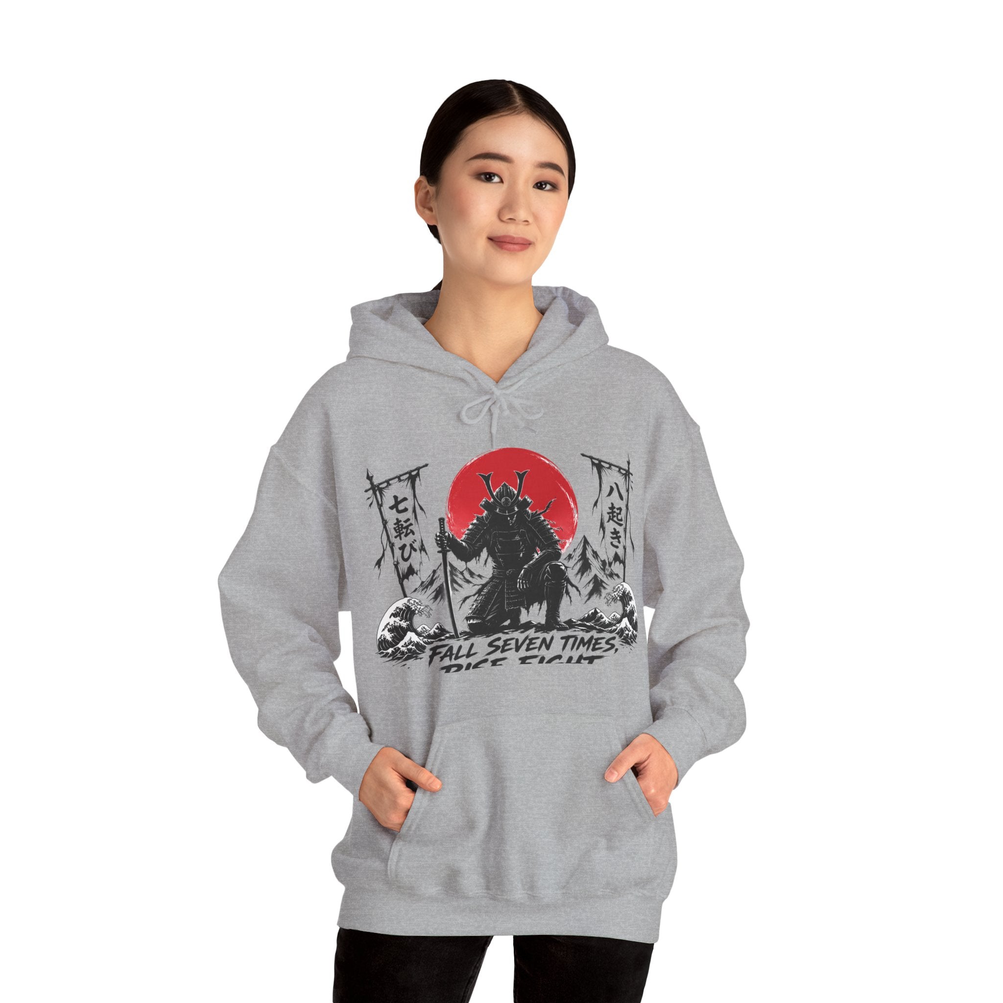 Hoodie — Samurai Wolf Graphic "Fall Seven Times, Rise Eight" Japanese Sunrise