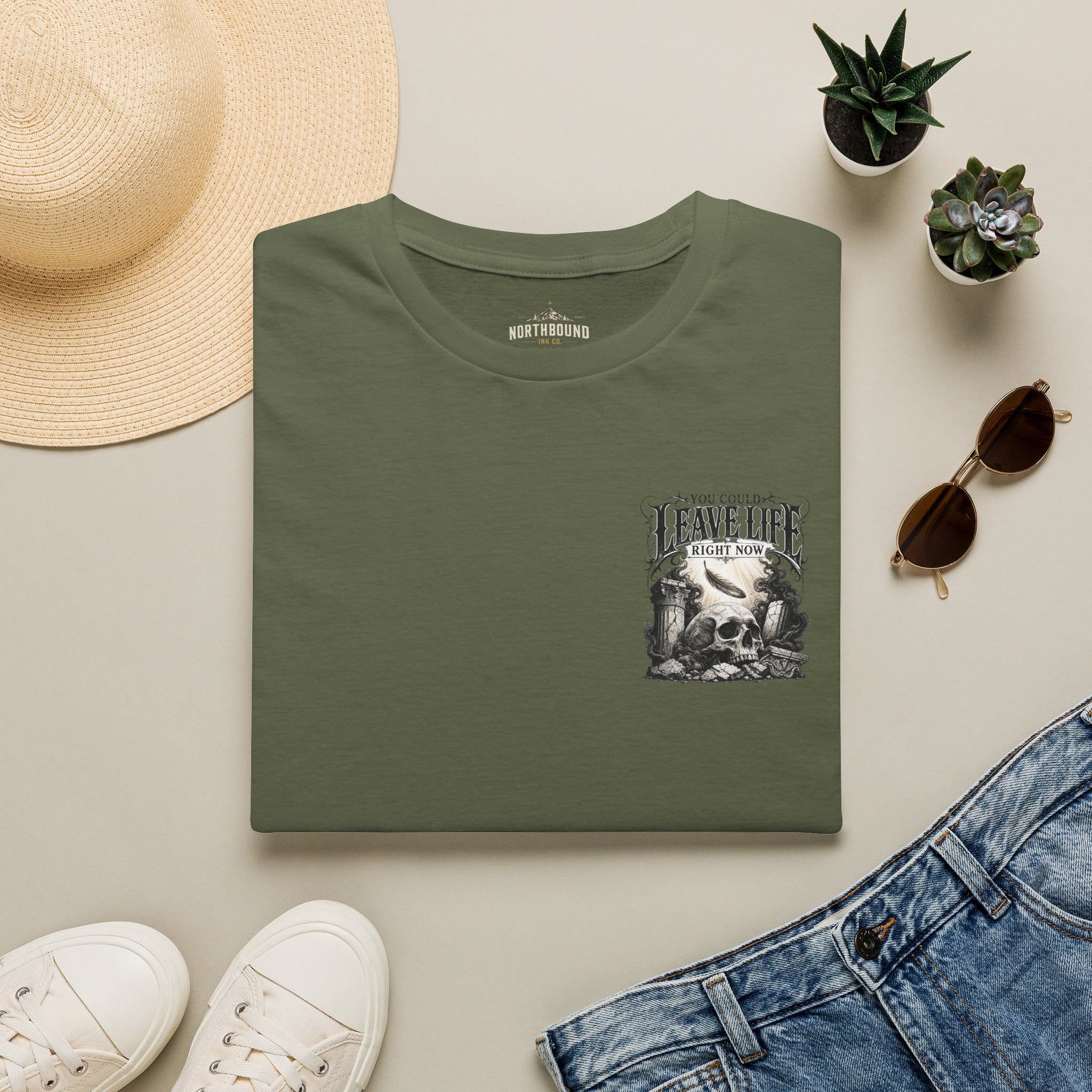 Skull & Mountains T-Shirt — "Leave Life" Adventure Graphic Tee