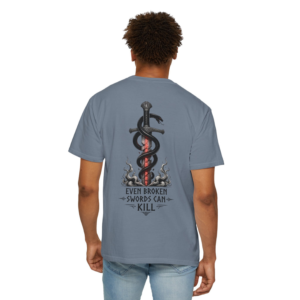 Graphic T-Shirt — 'Even Broken Swords Can Kill' Snake & Sword Back Print