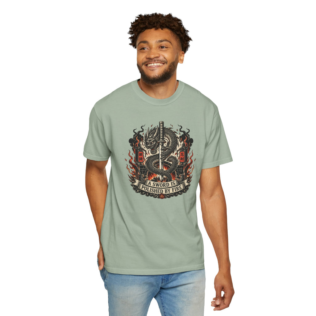 Sword & Flame Graphic T-Shirt — "A Sword Is Polished By Fire"