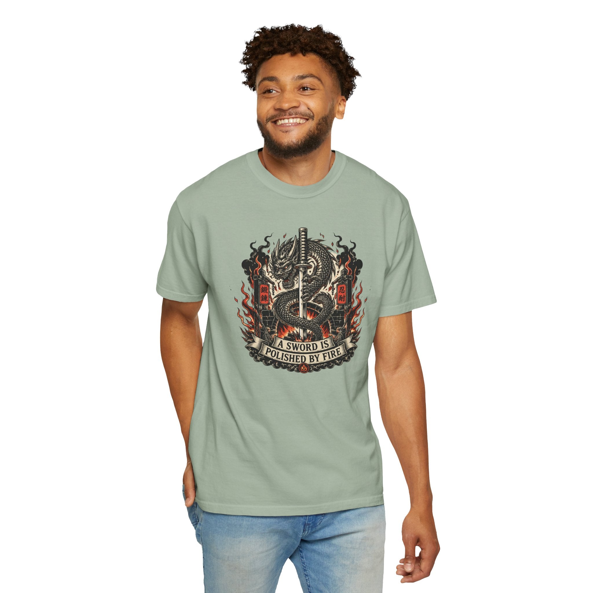 Sword & Flame Graphic T-Shirt — "A Sword Is Polished By Fire"