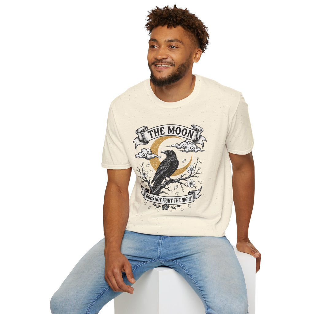 Moon & Raven T-Shirt — "The Moon Does Not Fight The Moon" Gothic Celestial Tee