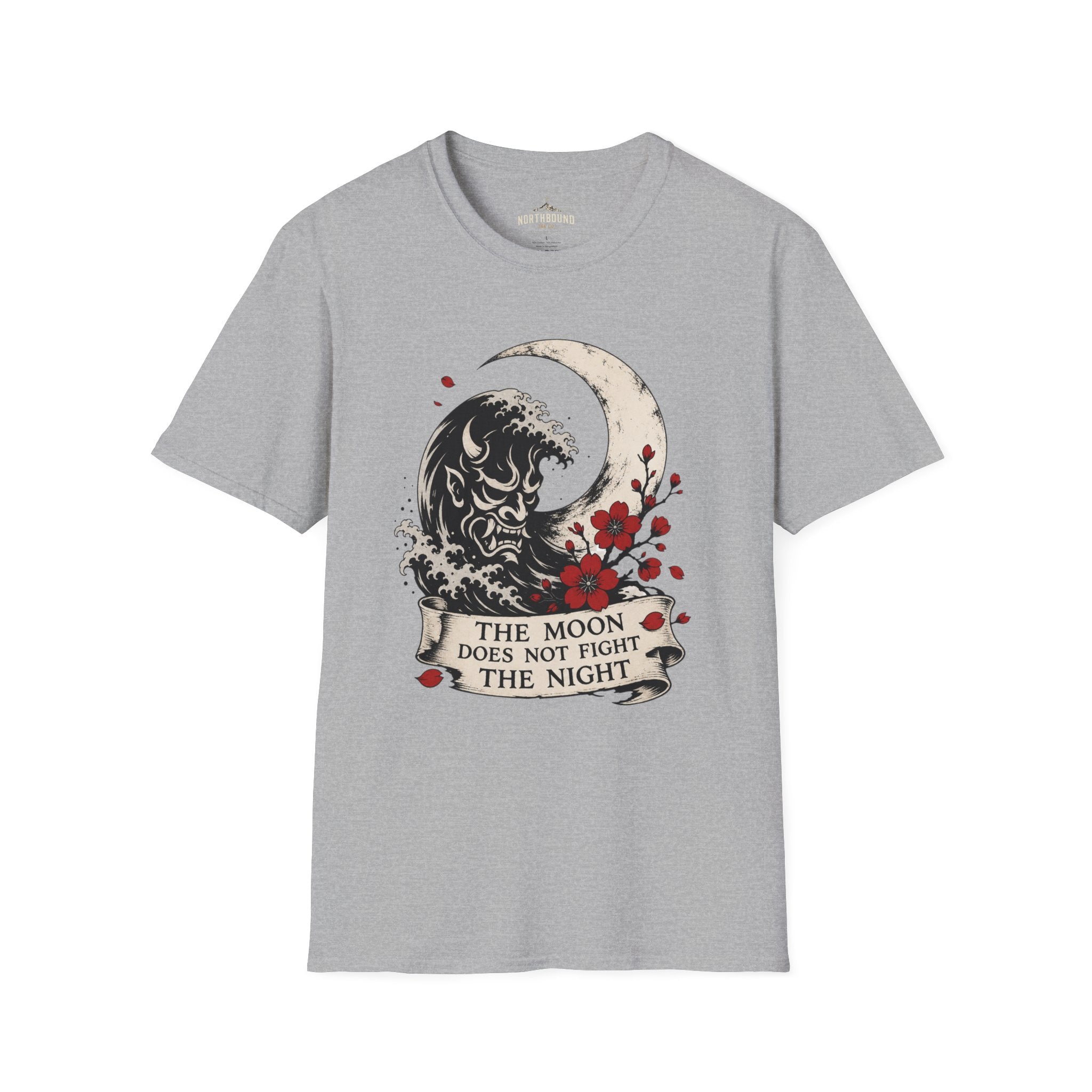 Moon & Wave Graphic T-Shirt — “The Moon Does Not Fight The Night” Inspirational Tee