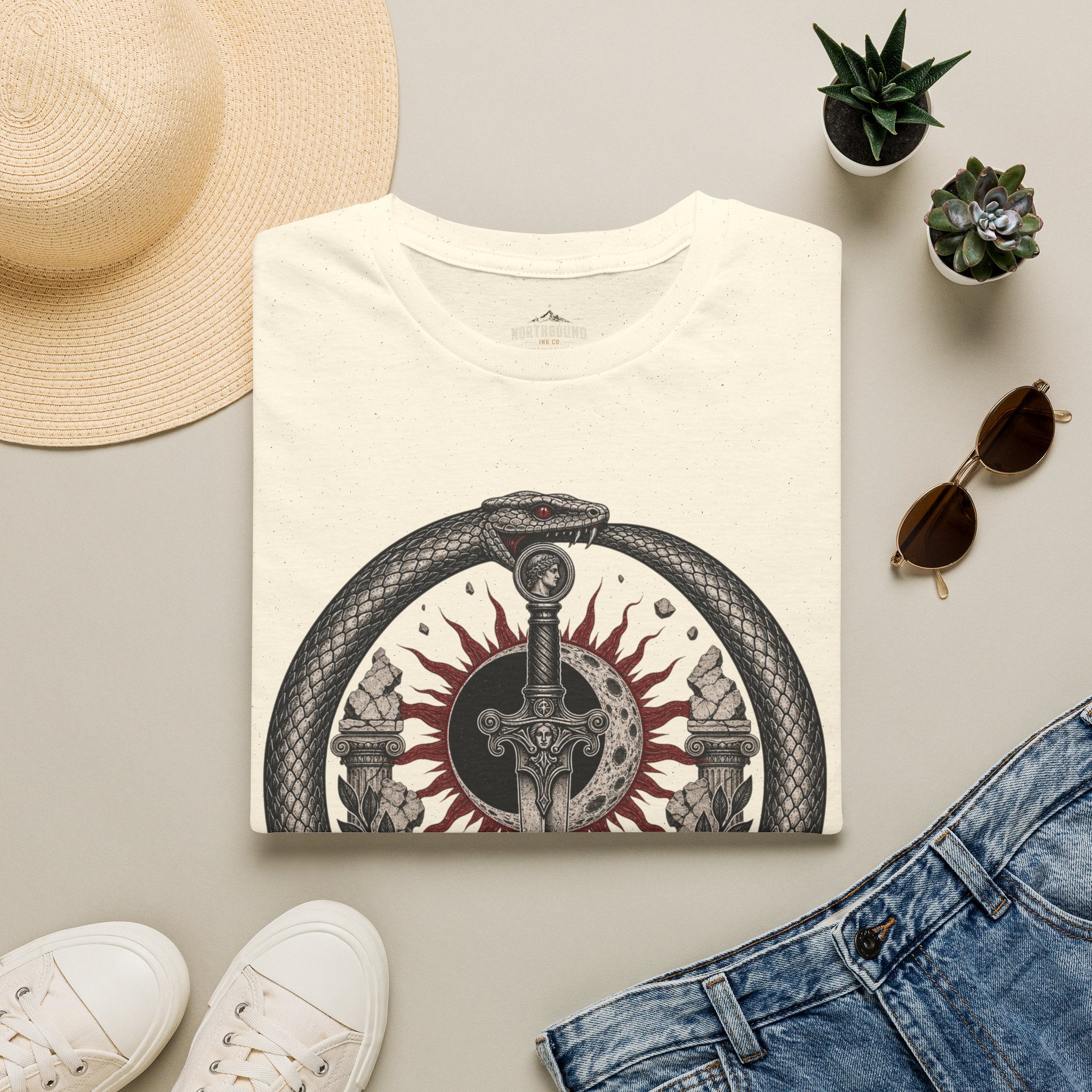 Amor Fati Sword T-Shirt — Sun & Ouroboros Graphic Tee