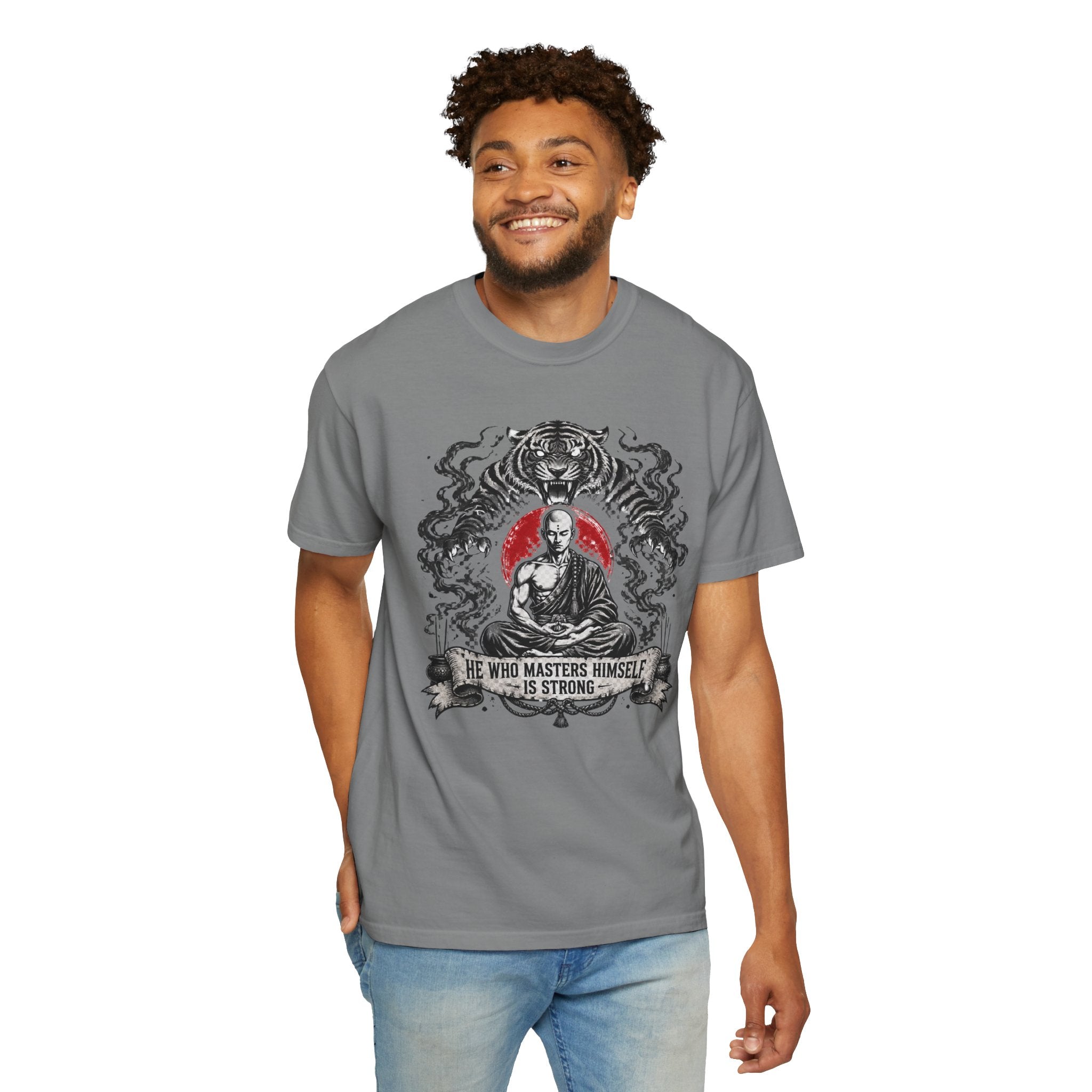 Meditation Tiger T-Shirt — "He Who Masters Himself is Strong" Zen Graphic Tee