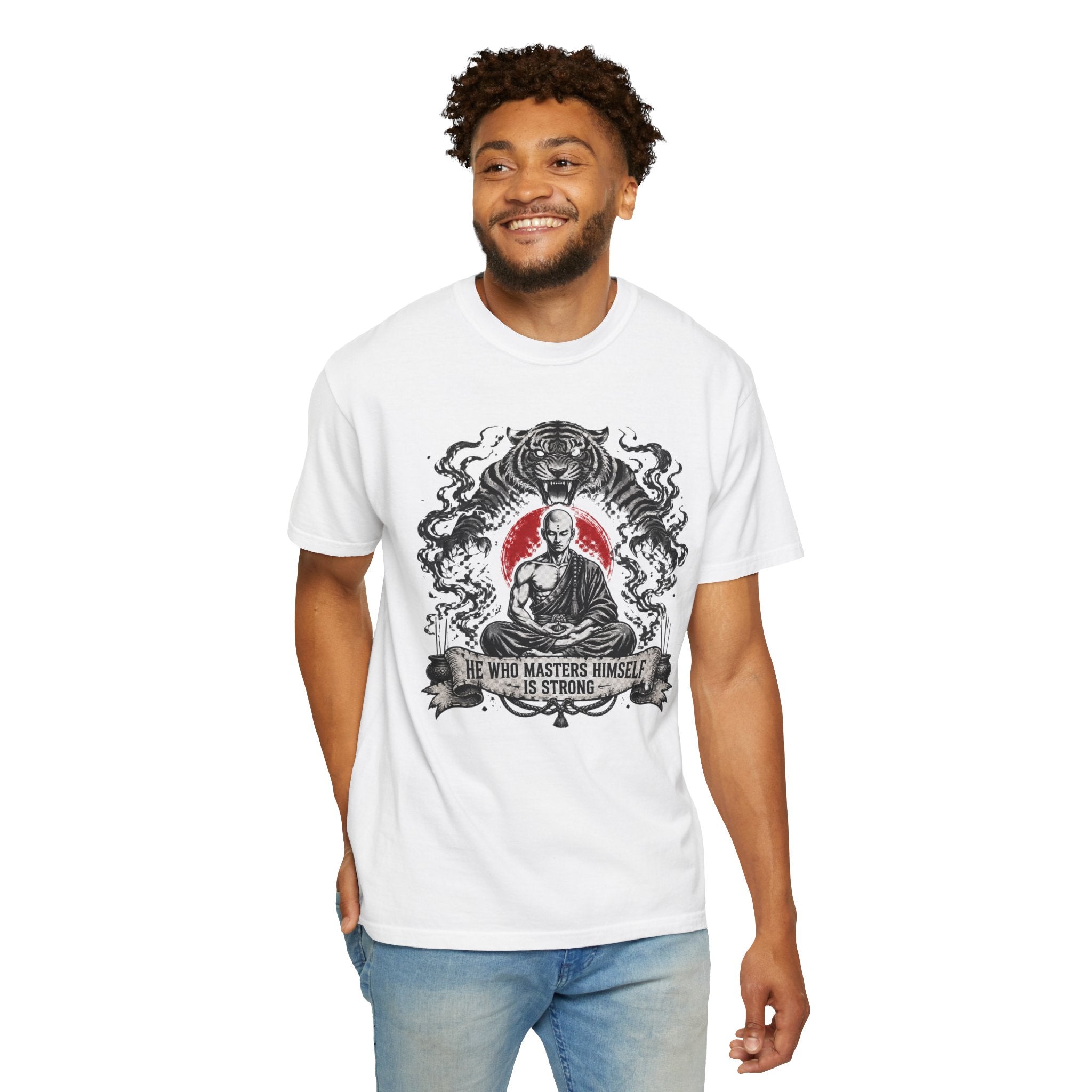 Meditation Tiger T-Shirt — "He Who Masters Himself is Strong" Zen Graphic Tee
