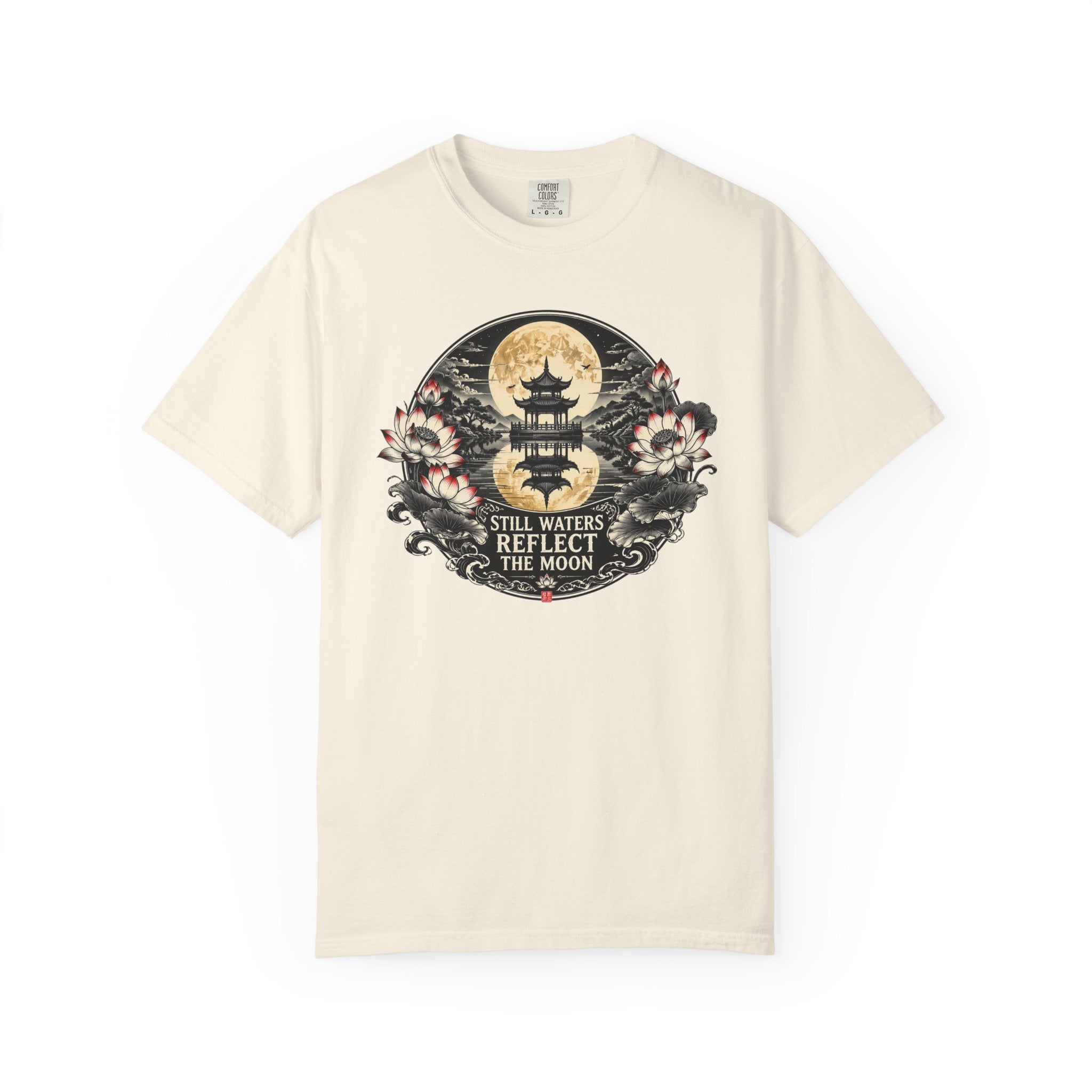 Still Waters Reflect the Moon T-Shirt — Zen Pagoda Moon Graphic Tee
