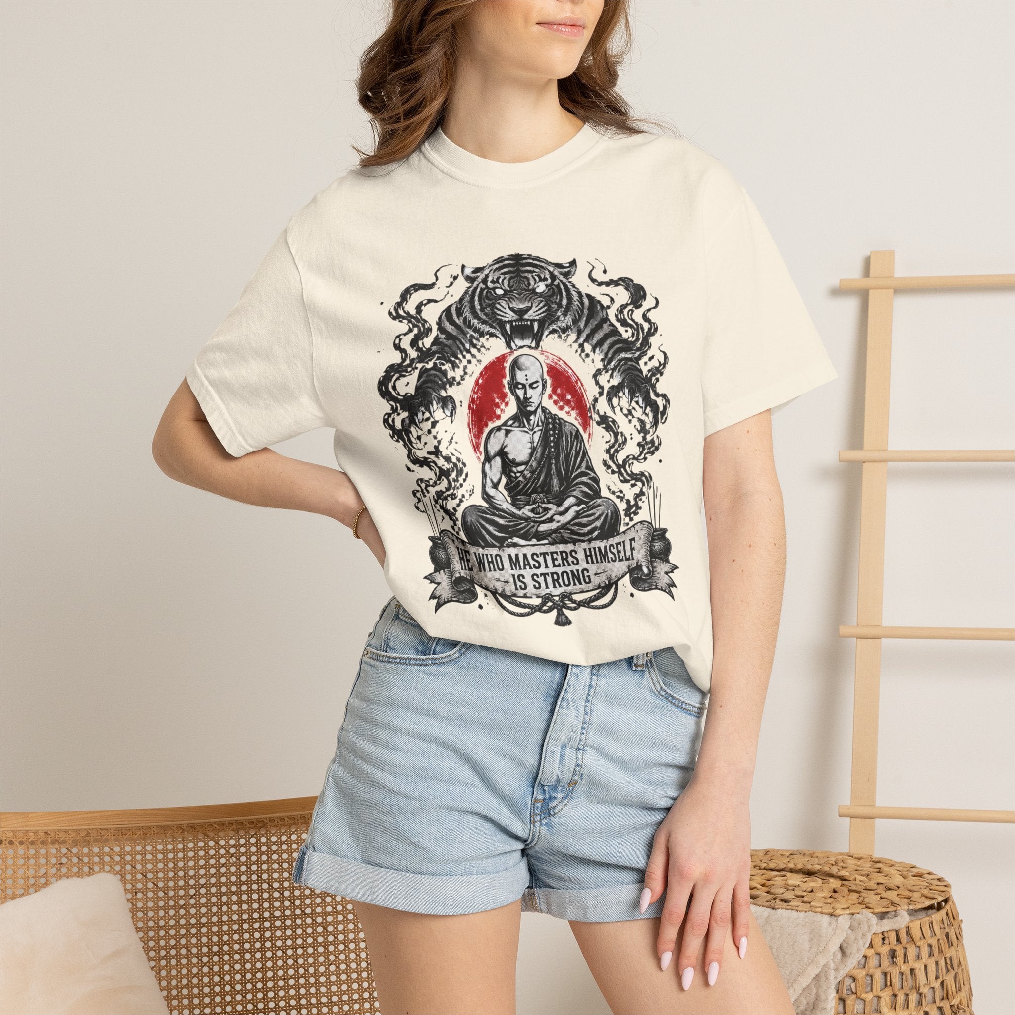Meditation Tiger T-Shirt — "He Who Masters Himself is Strong" Zen Graphic Tee