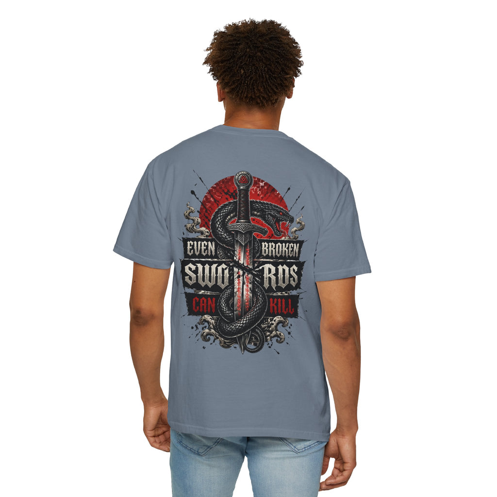 Graphic T-Shirt — "Even Broken Swords Can Kill" Snake & Dagger Back Print