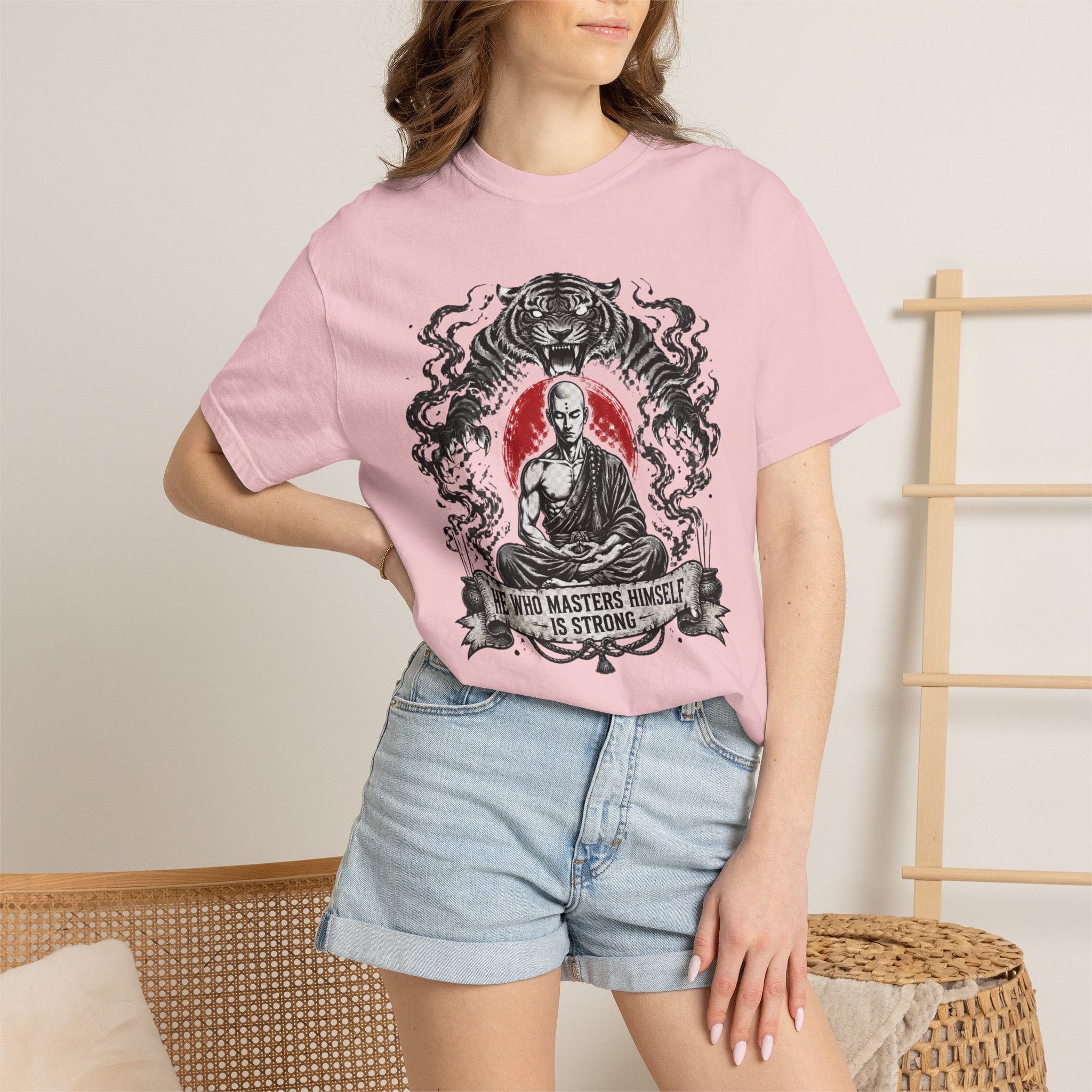 Meditation Tiger T-Shirt — "He Who Masters Himself is Strong" Zen Graphic Tee