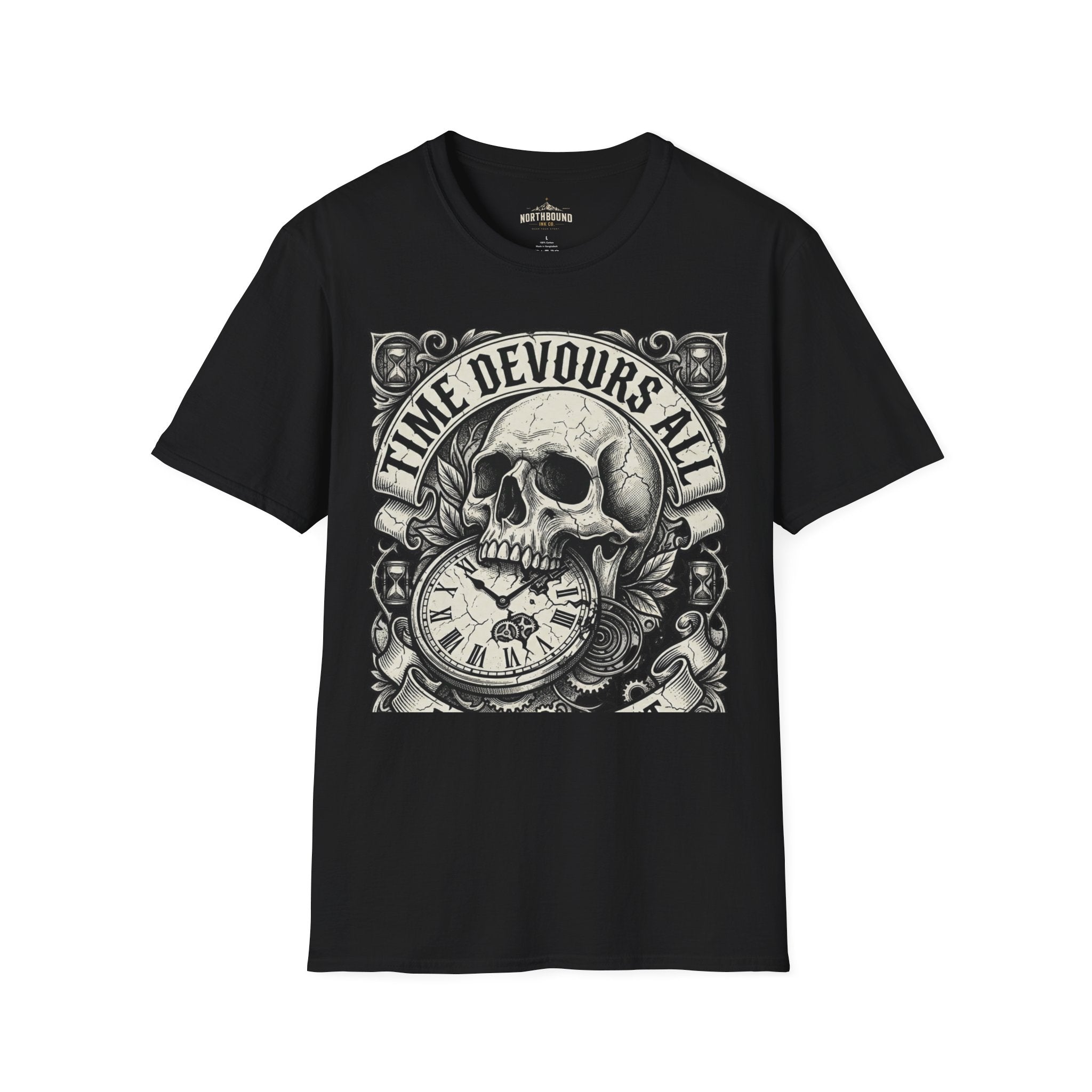 Time Devours All Skull T-Shirt – Vintage Gothic Skull & Pocket Watch Tee