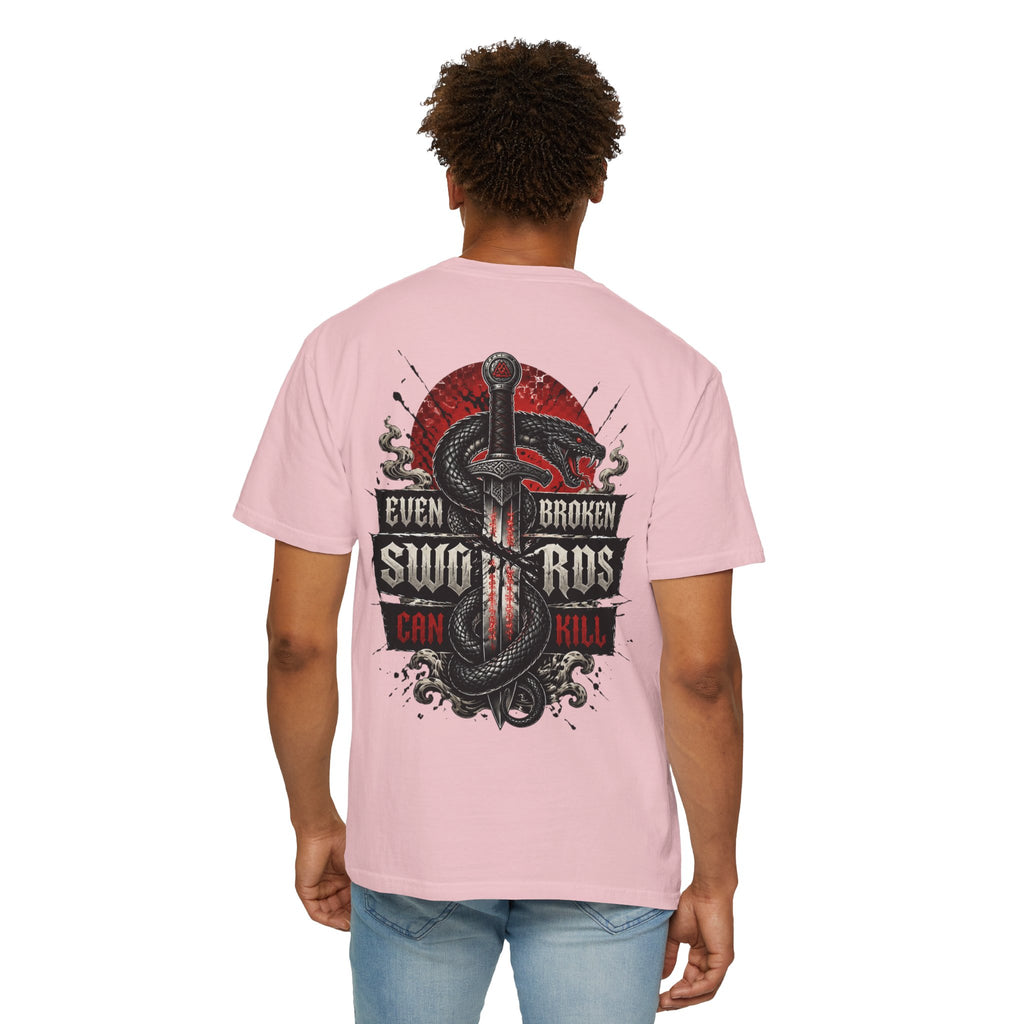 Graphic T-Shirt — "Even Broken Swords Can Kill" Snake & Dagger Back Print