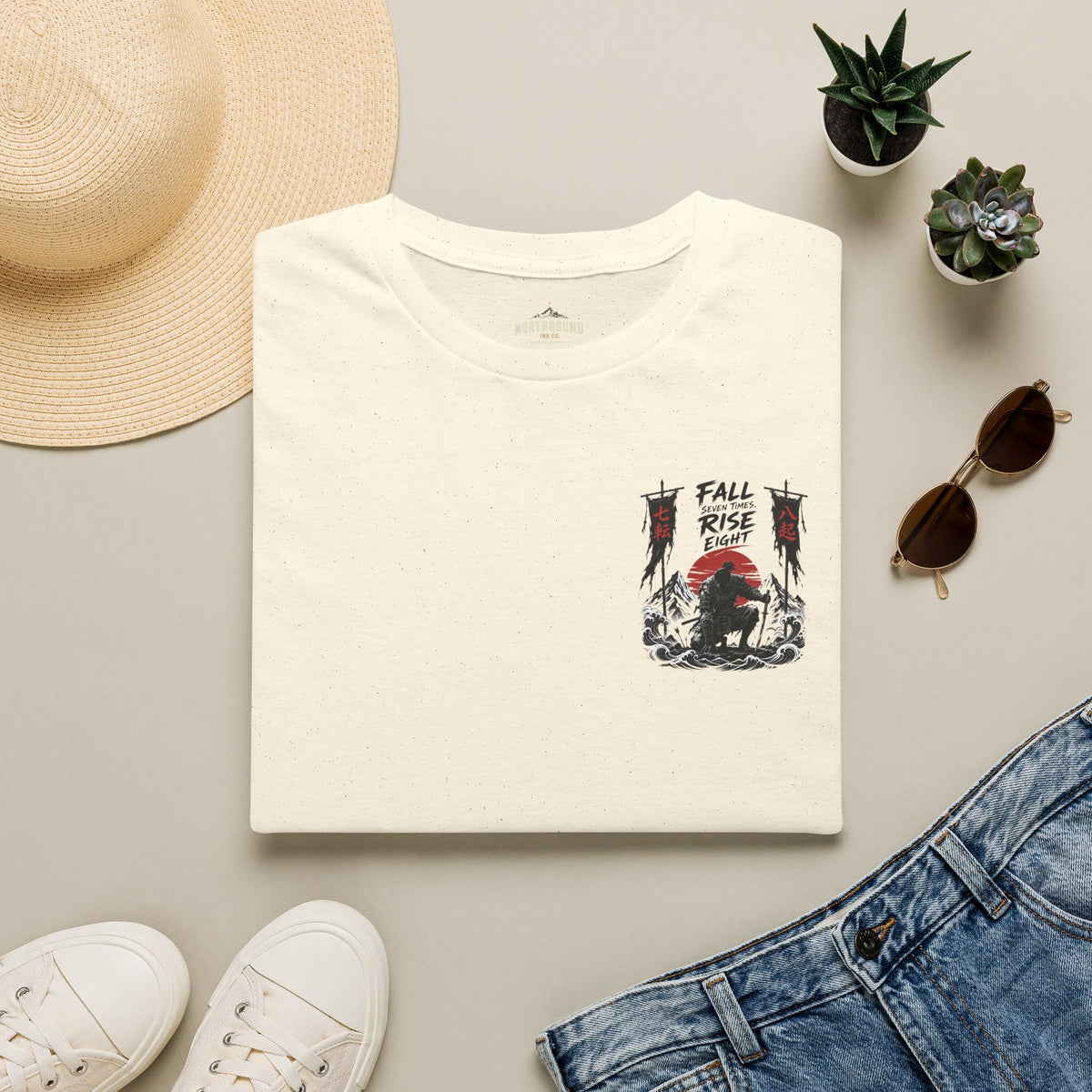 T-Shirt — 'Fall, Rise, Repeat' Samurai Chest Print