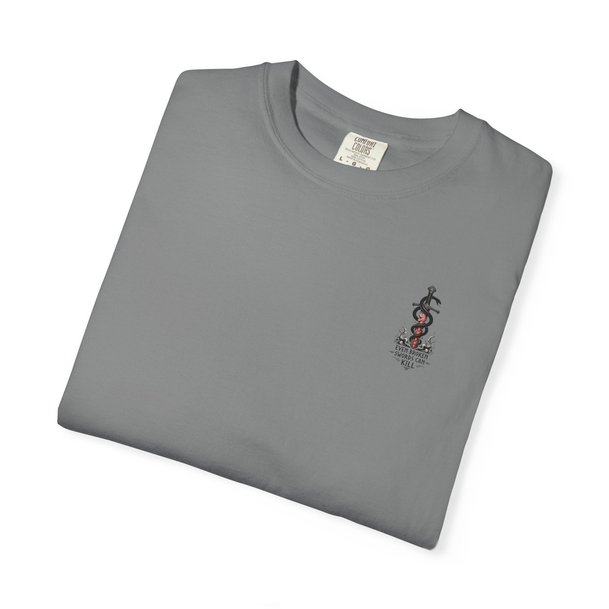 Graphic T-Shirt — 'Even Broken Swords Can Kill' Snake & Sword Back Print