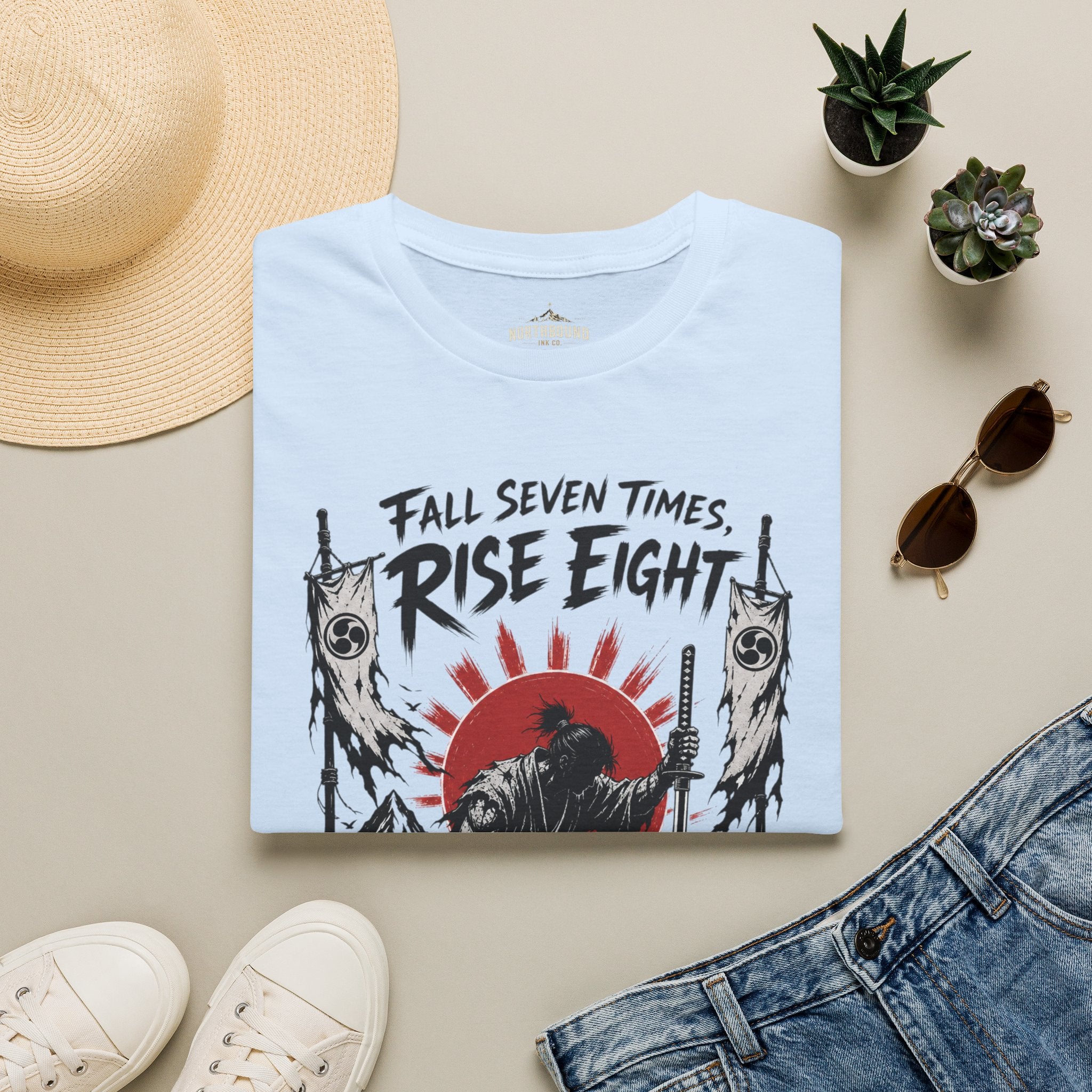 Rise Eight T-Shirt — Fall Seven Times Inspirational Samurai Graphic Tee