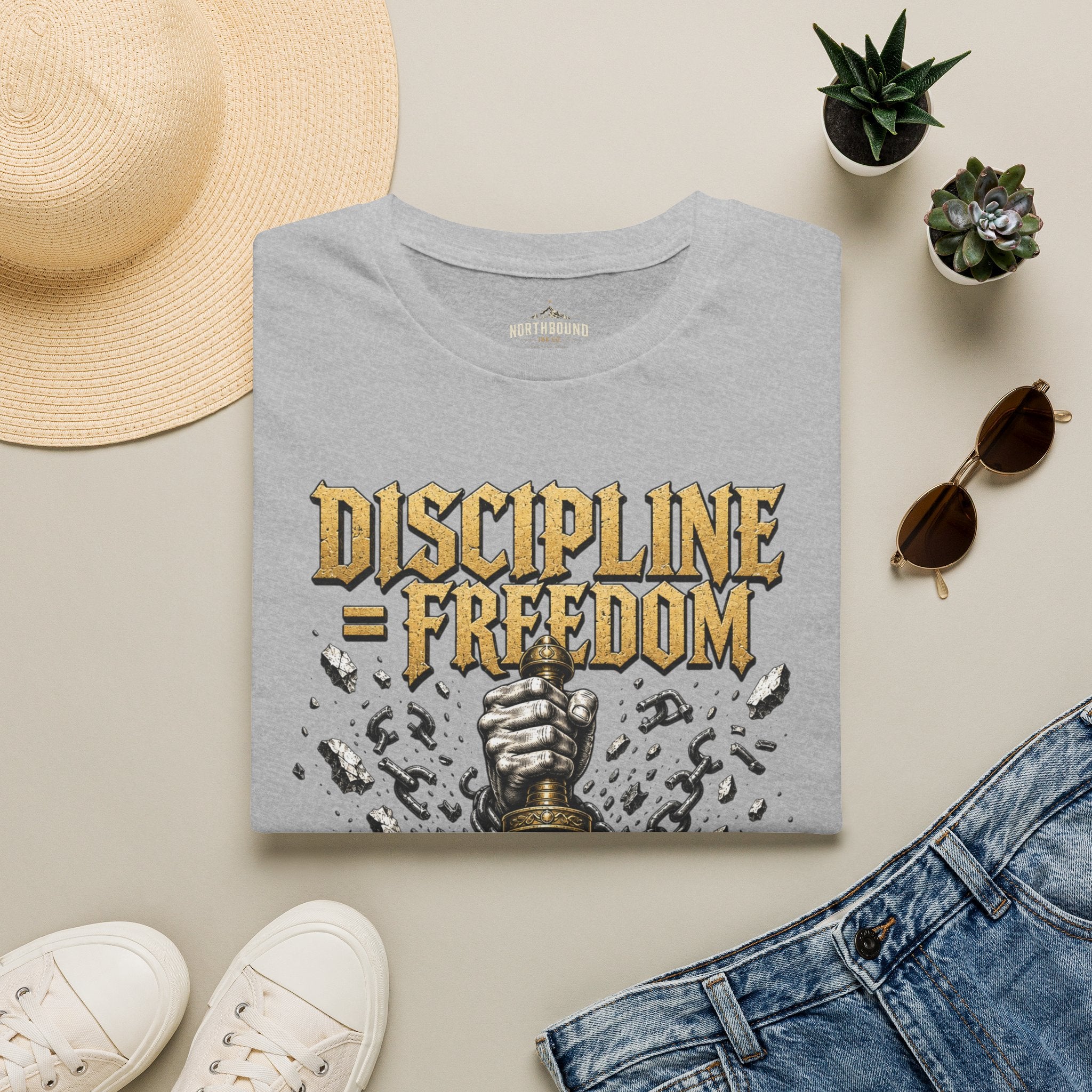 Discipline = Freedom T-Shirt — Motivational Sword & Fist Design