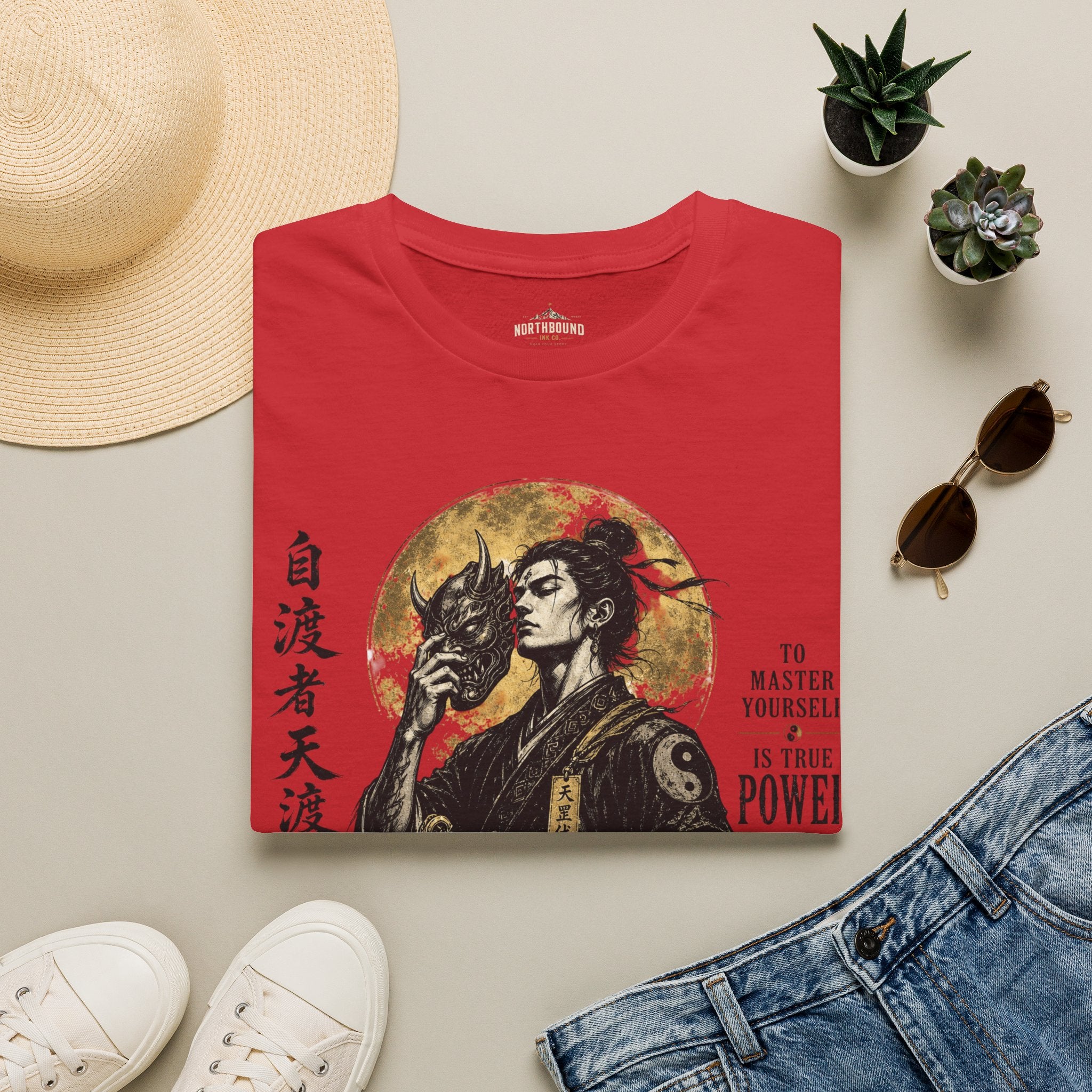 Samurai Mask Graphic T-Shirt — Japanese Warrior Moon Illustration