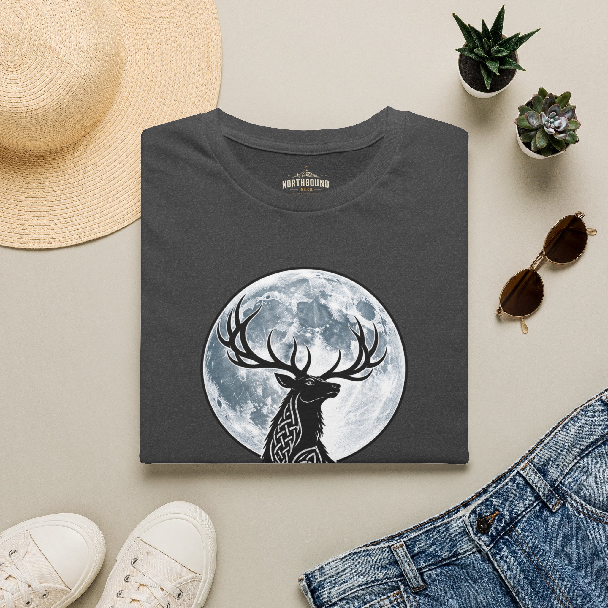 Deer Moon T‑Shirt — 'Mist and Shadow' Woodland Stag Graphic Tee