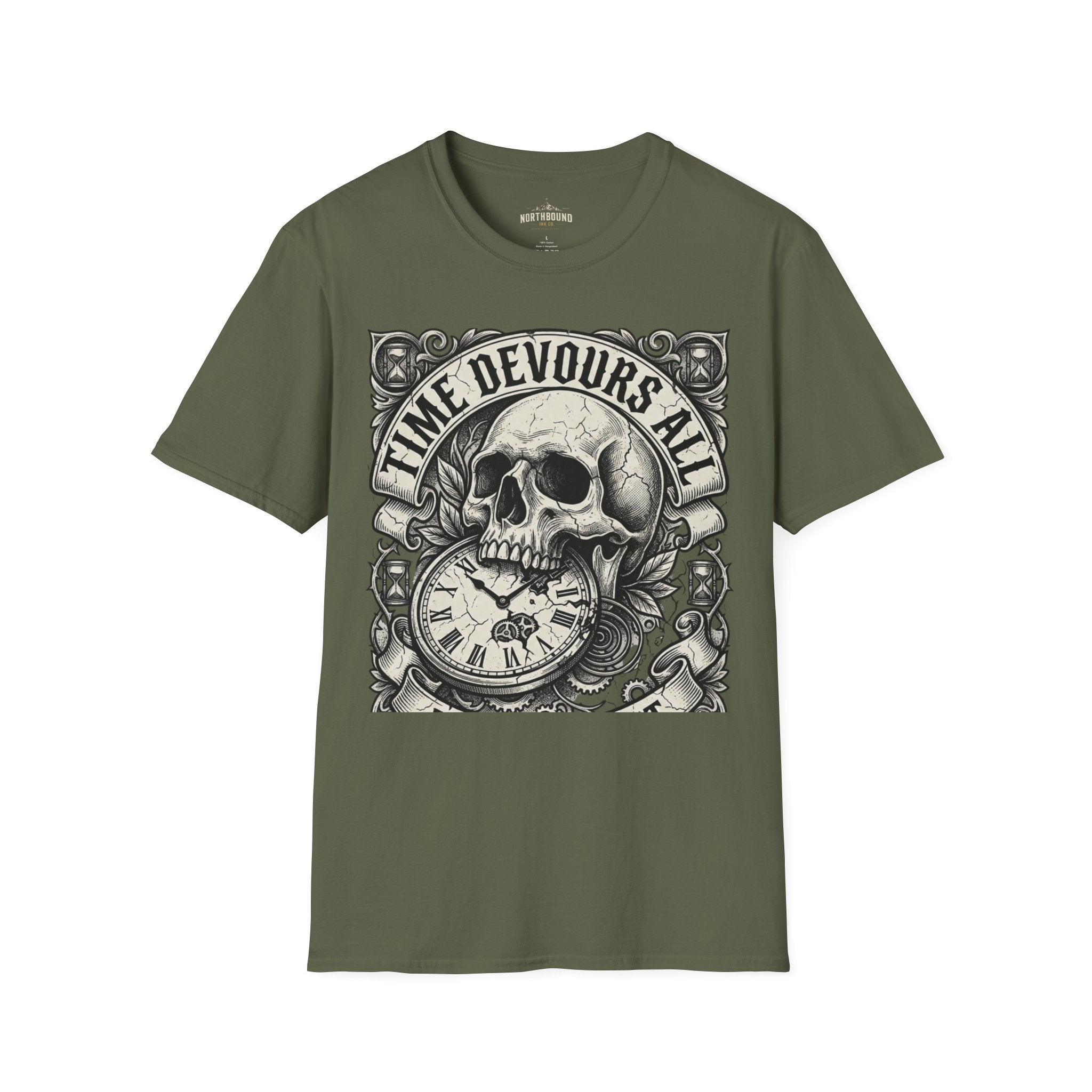 Time Devours All Skull T-Shirt – Vintage Gothic Skull & Pocket Watch Tee