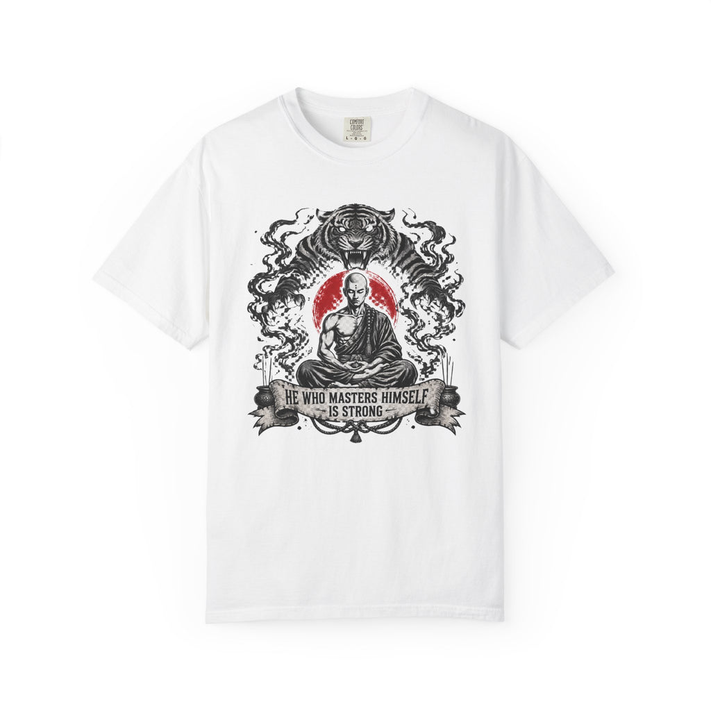 Meditation Tiger T-Shirt — "He Who Masters Himself is Strong" Zen Graphic Tee