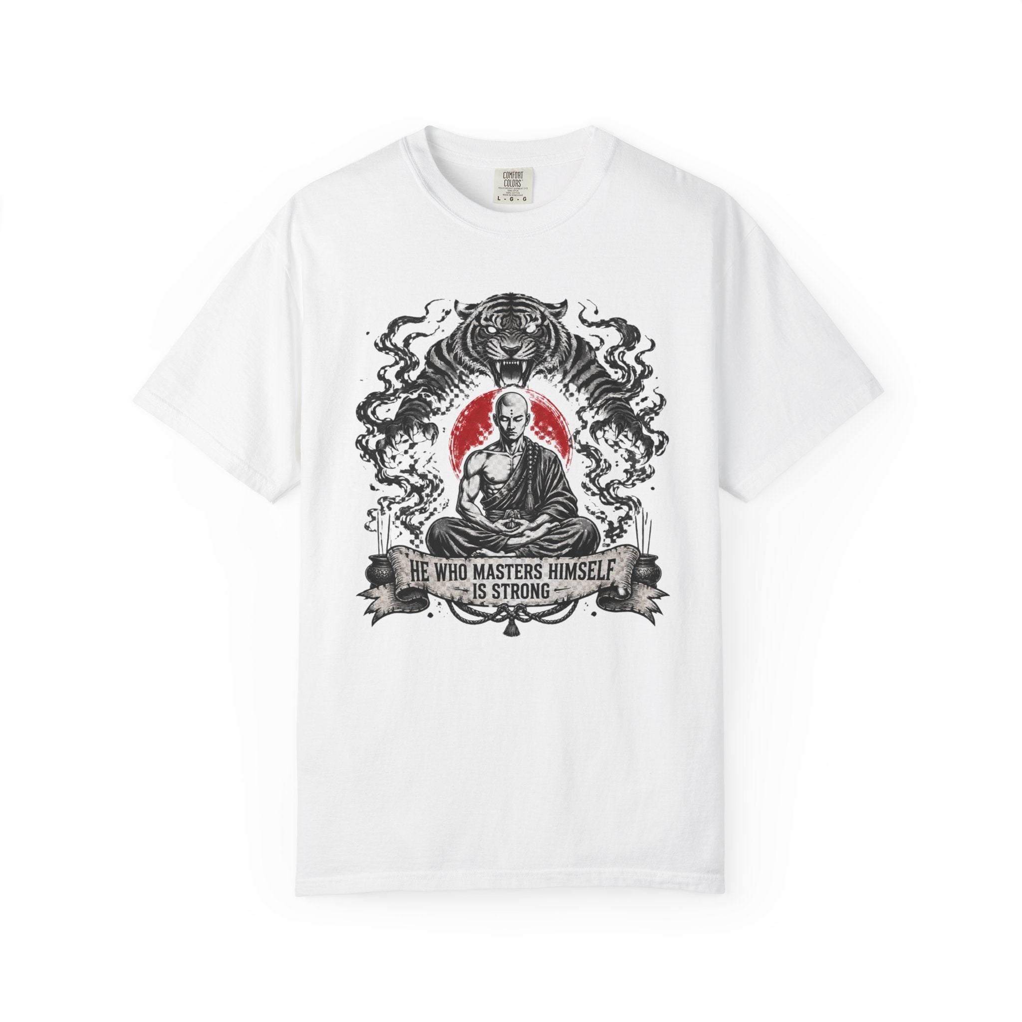 Meditation Tiger T-Shirt — "He Who Masters Himself is Strong" Zen Graphic Tee
