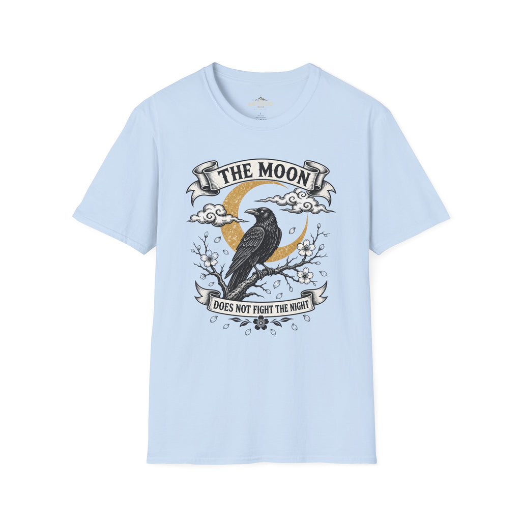 Moon & Raven T-Shirt — "The Moon Does Not Fight The Moon" Gothic Celestial Tee