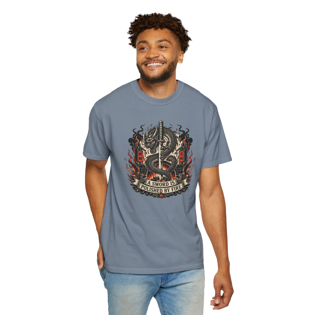 Sword & Flame Graphic T-Shirt — "A Sword Is Polished By Fire"