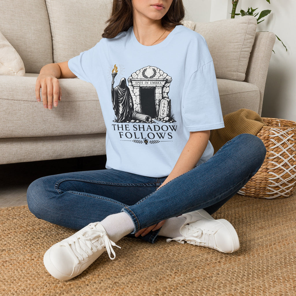 Gothic 'The Shadow Follows' T-Shirt — Cloaked Figure & Tombstone Design