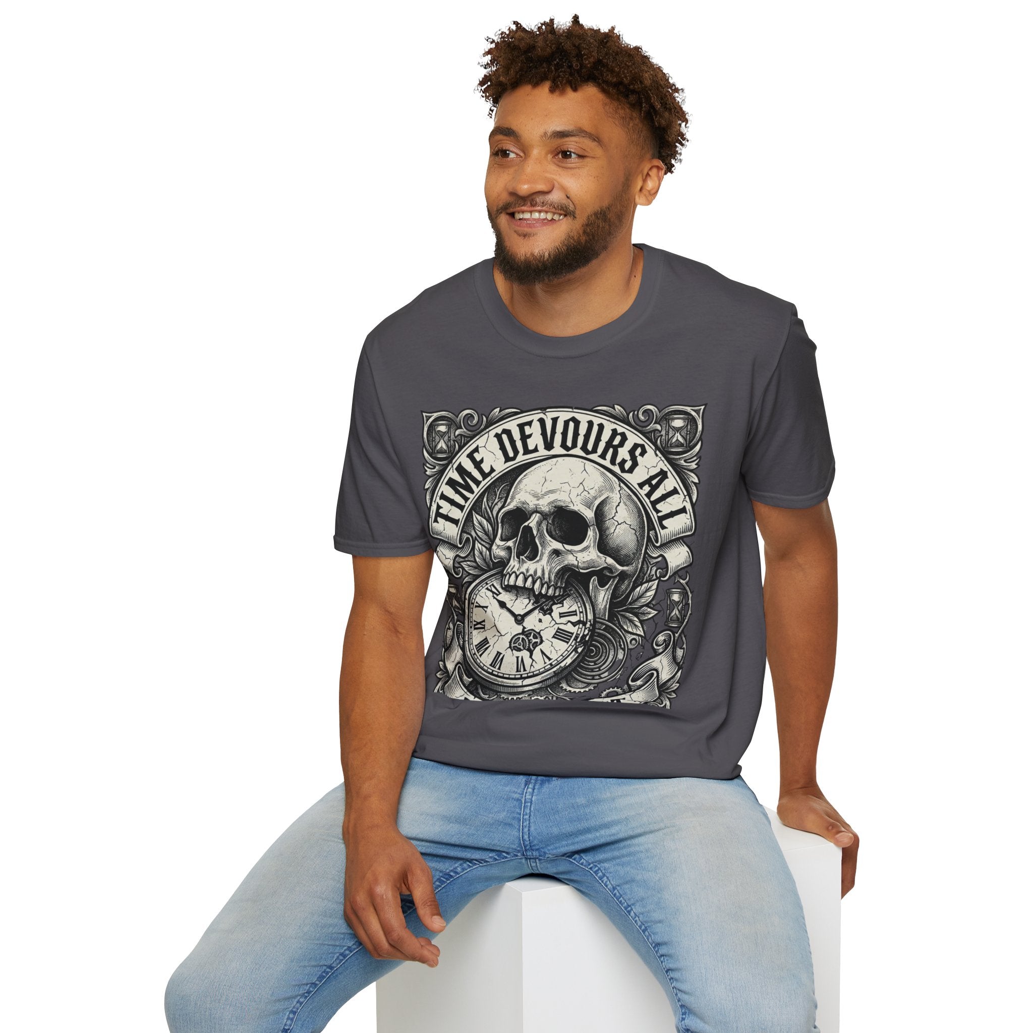 Time Devours All Skull T-Shirt – Vintage Gothic Skull & Pocket Watch Tee