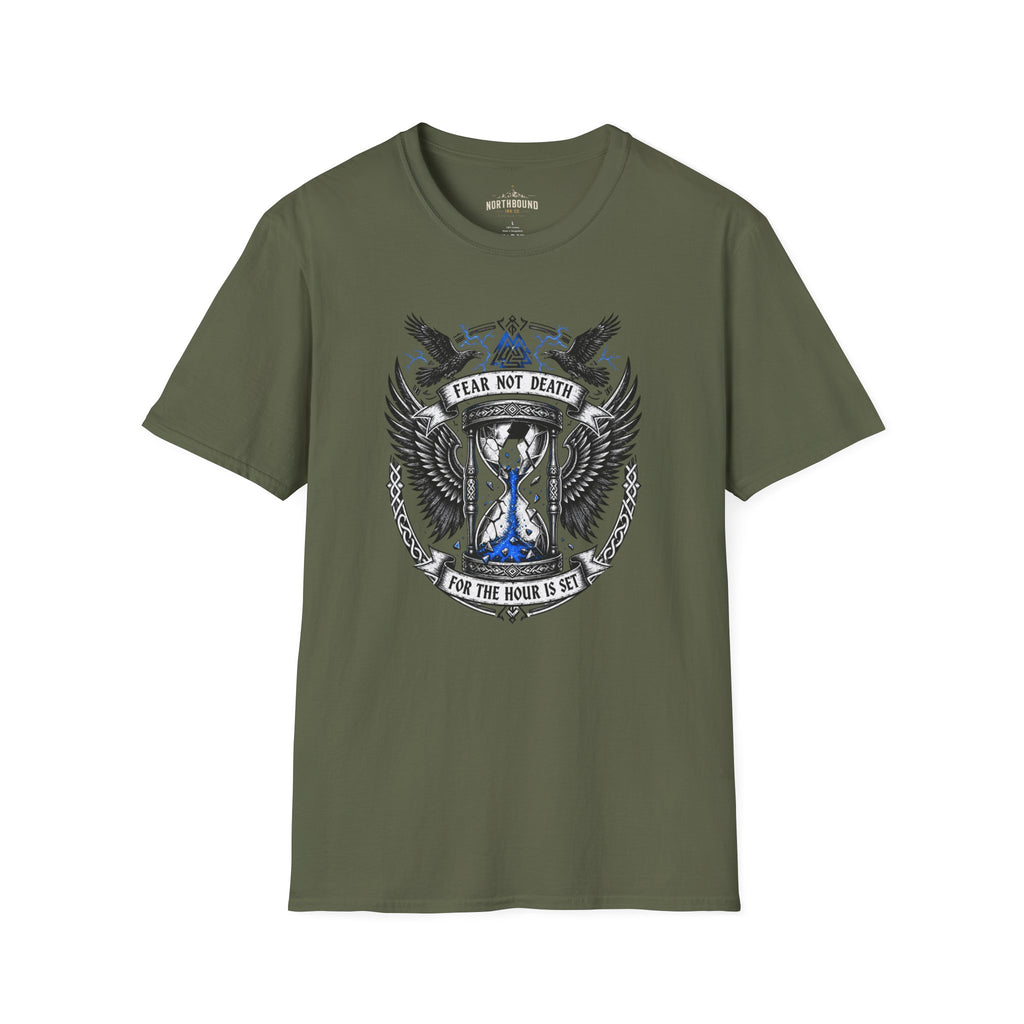 Fear Not Death T‑Shirt — Viking Hourglass Shield Design