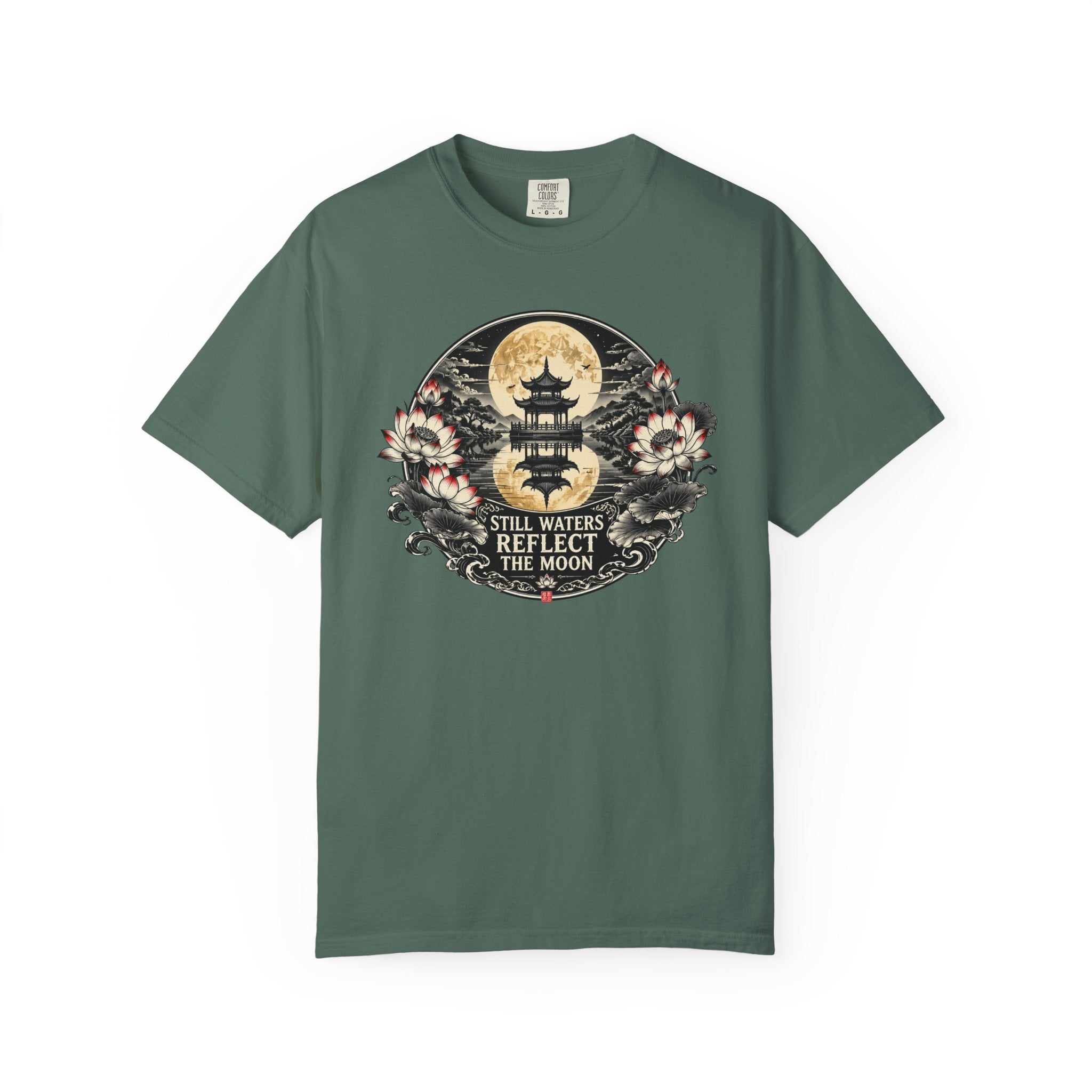 Still Waters Reflect the Moon T-Shirt — Zen Pagoda Moon Graphic Tee