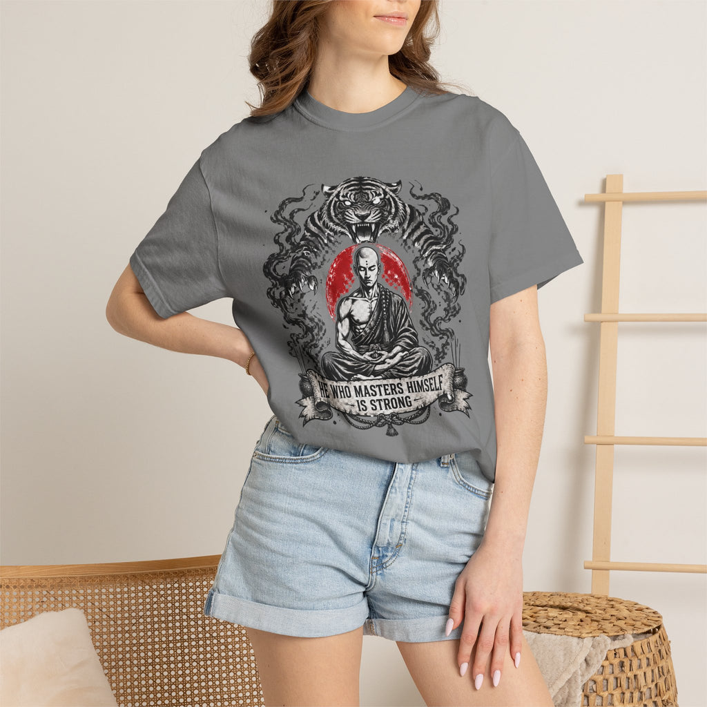 Meditation Tiger T-Shirt — "He Who Masters Himself is Strong" Zen Graphic Tee