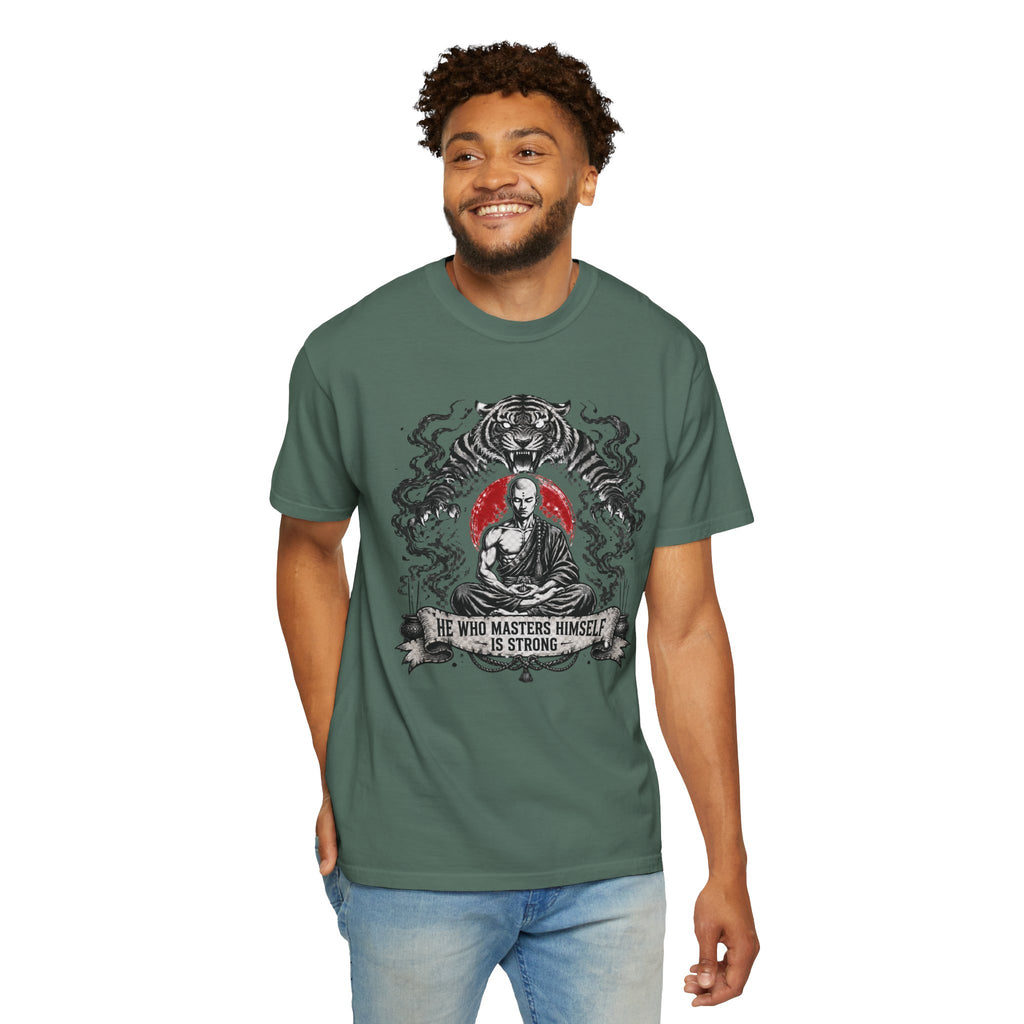 Meditation Tiger T-Shirt — "He Who Masters Himself is Strong" Zen Graphic Tee