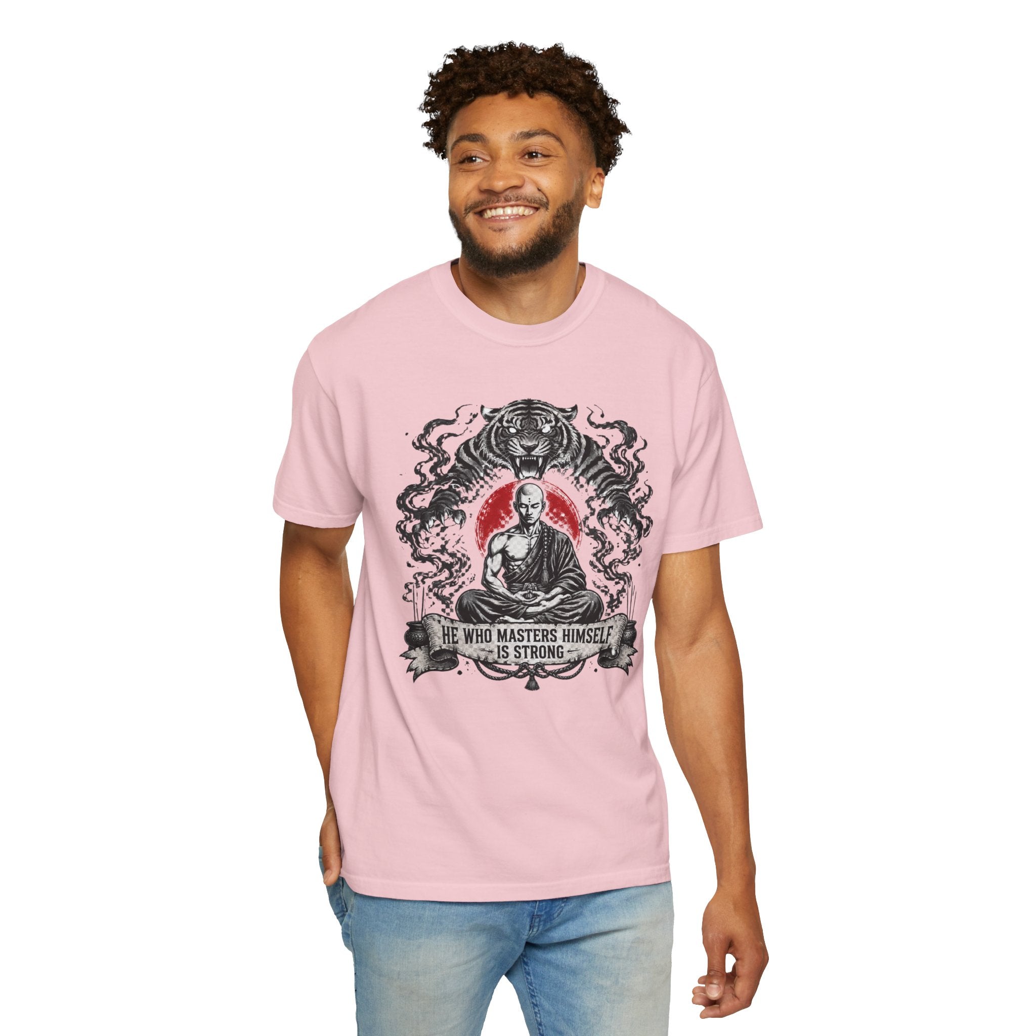 Meditation Tiger T-Shirt — "He Who Masters Himself is Strong" Zen Graphic Tee