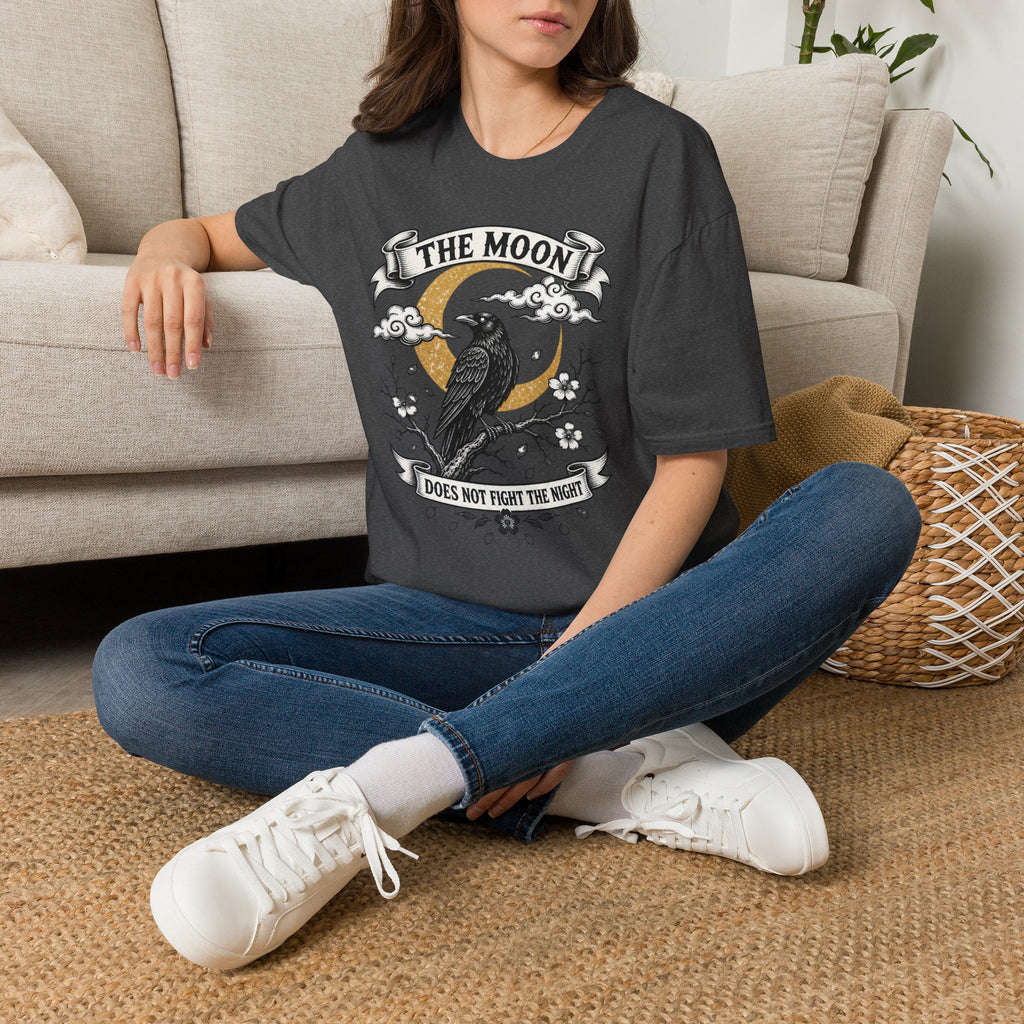 Moon & Raven T-Shirt — "The Moon Does Not Fight The Moon" Gothic Celestial Tee