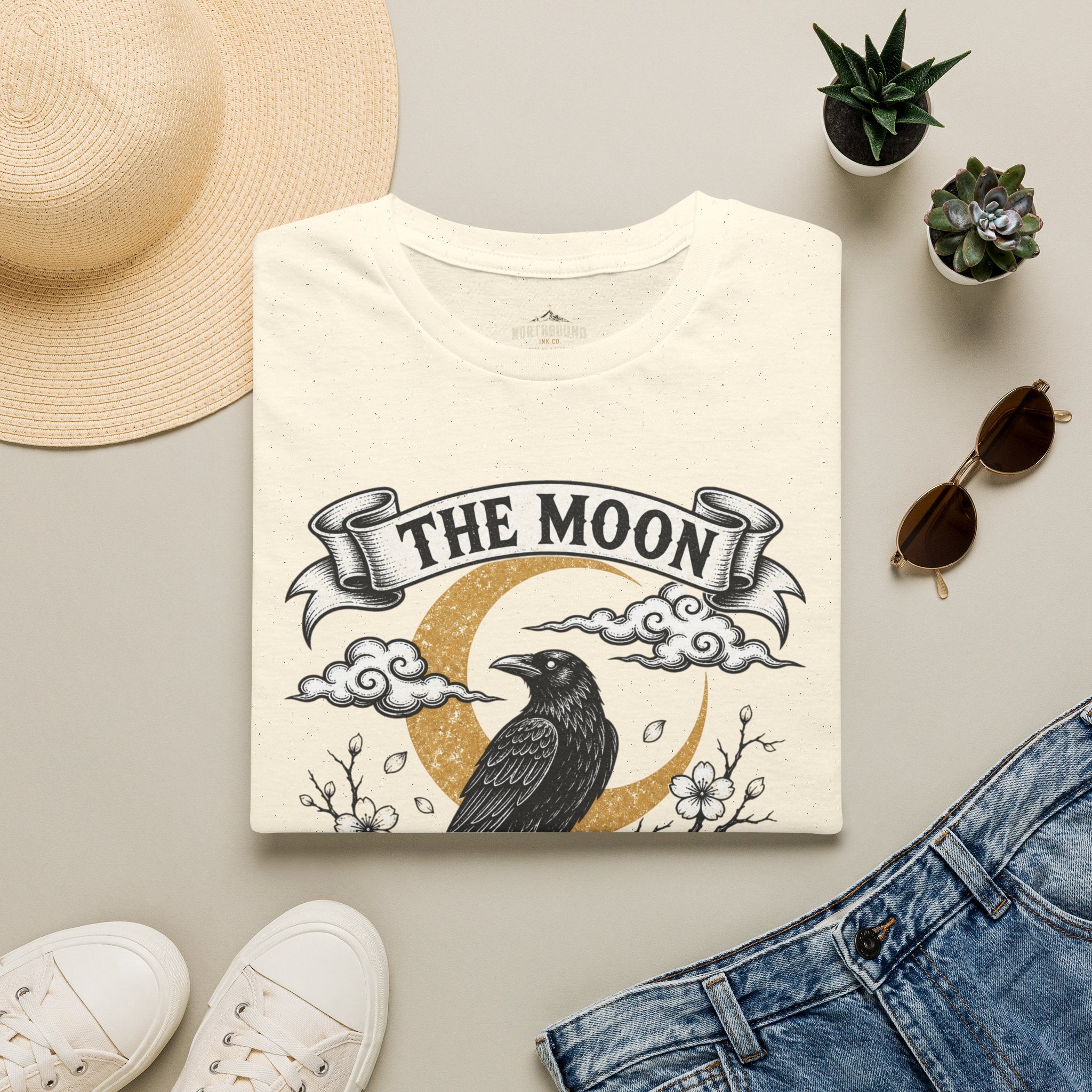 Moon & Raven T-Shirt — "The Moon Does Not Fight The Moon" Gothic Celestial Tee