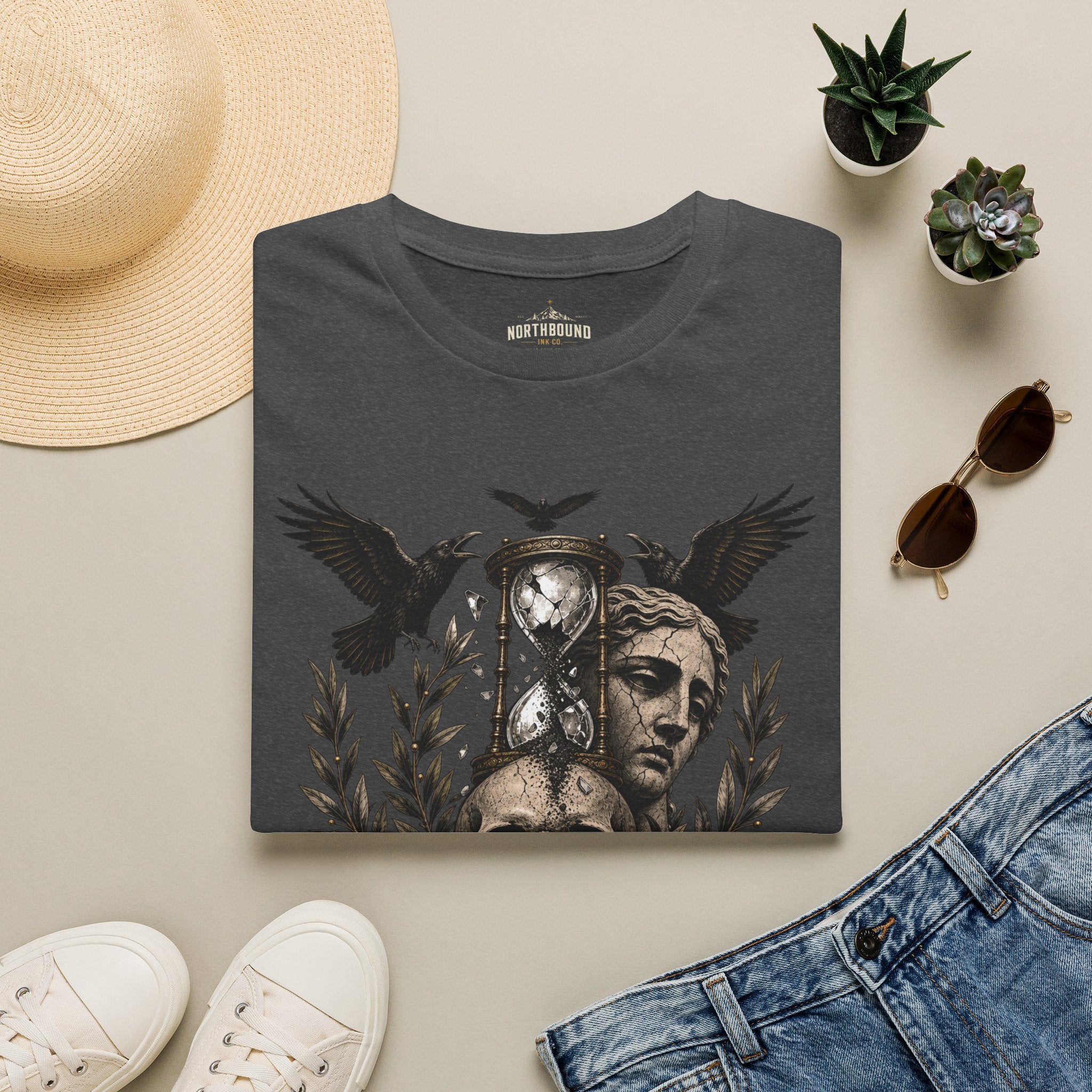 Memento Mori T-Shirt — Hourglass Statue & Ravens Vintage Death Awareness Tee