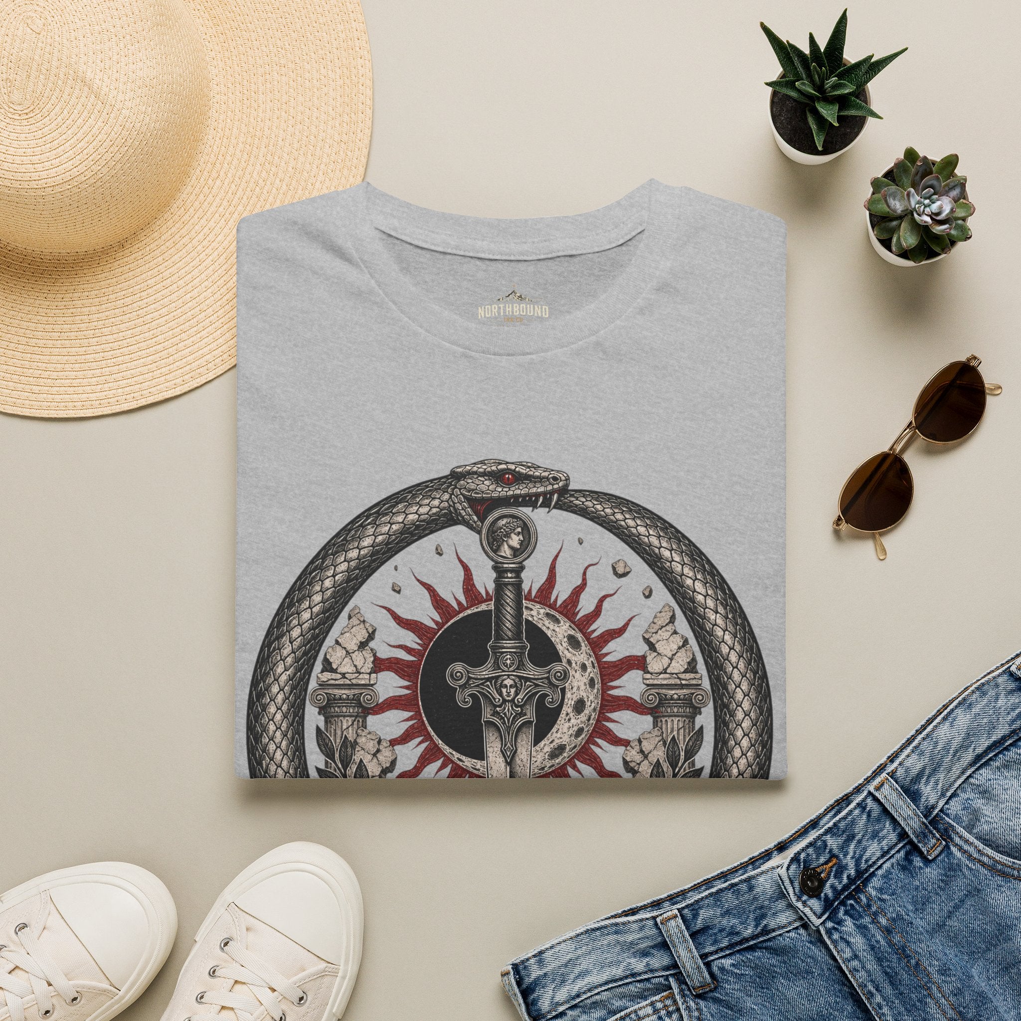 Amor Fati Sword T-Shirt — Sun & Ouroboros Graphic Tee